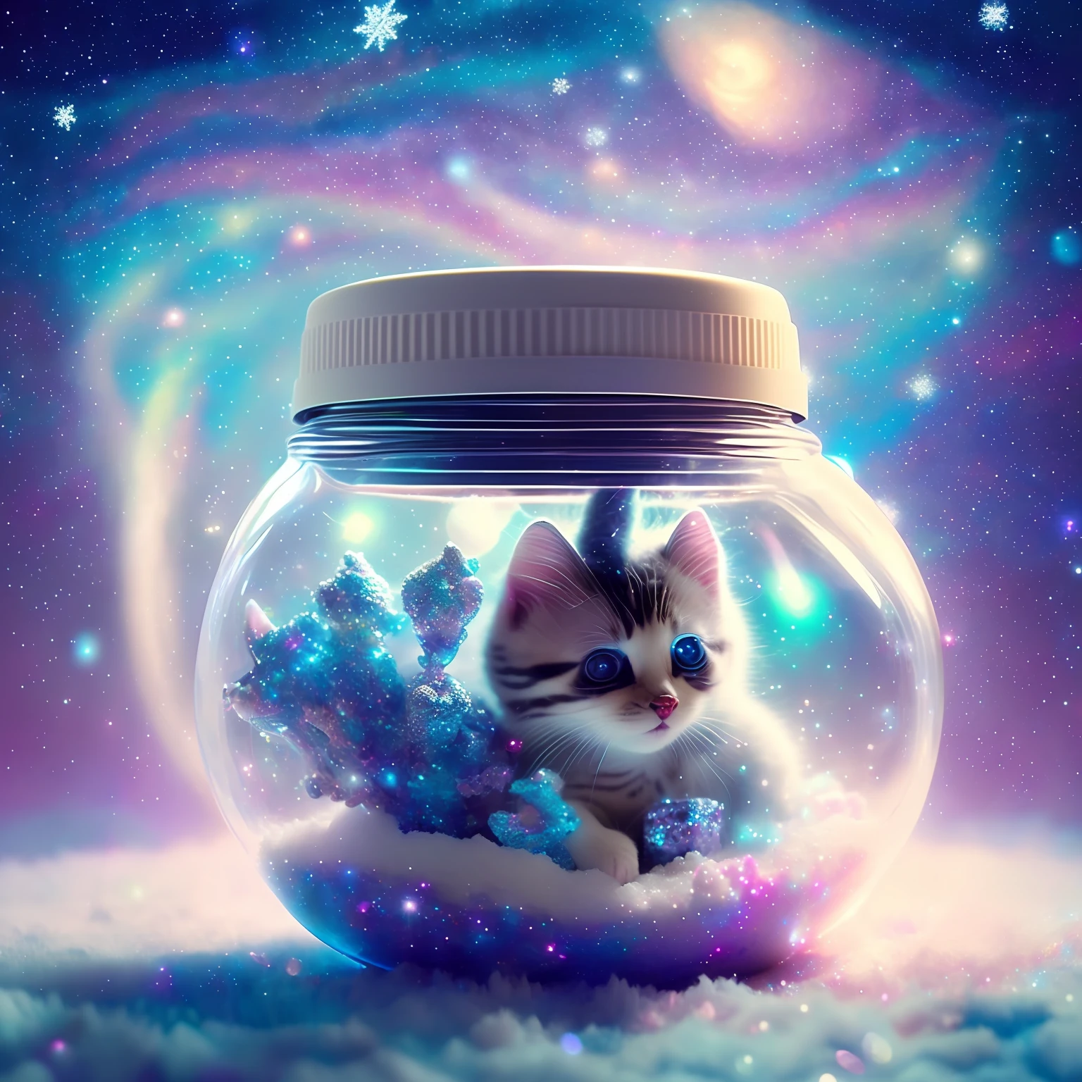 galaxy environment, Capturing A whimsical, a small kitty, winter spring wind rainbow a sprinkle of edible glitter   in an unopenable dream magical jar, trippy, 8k, vivid, ultra detalis, colorfull lighting, surreal photography, portrait,