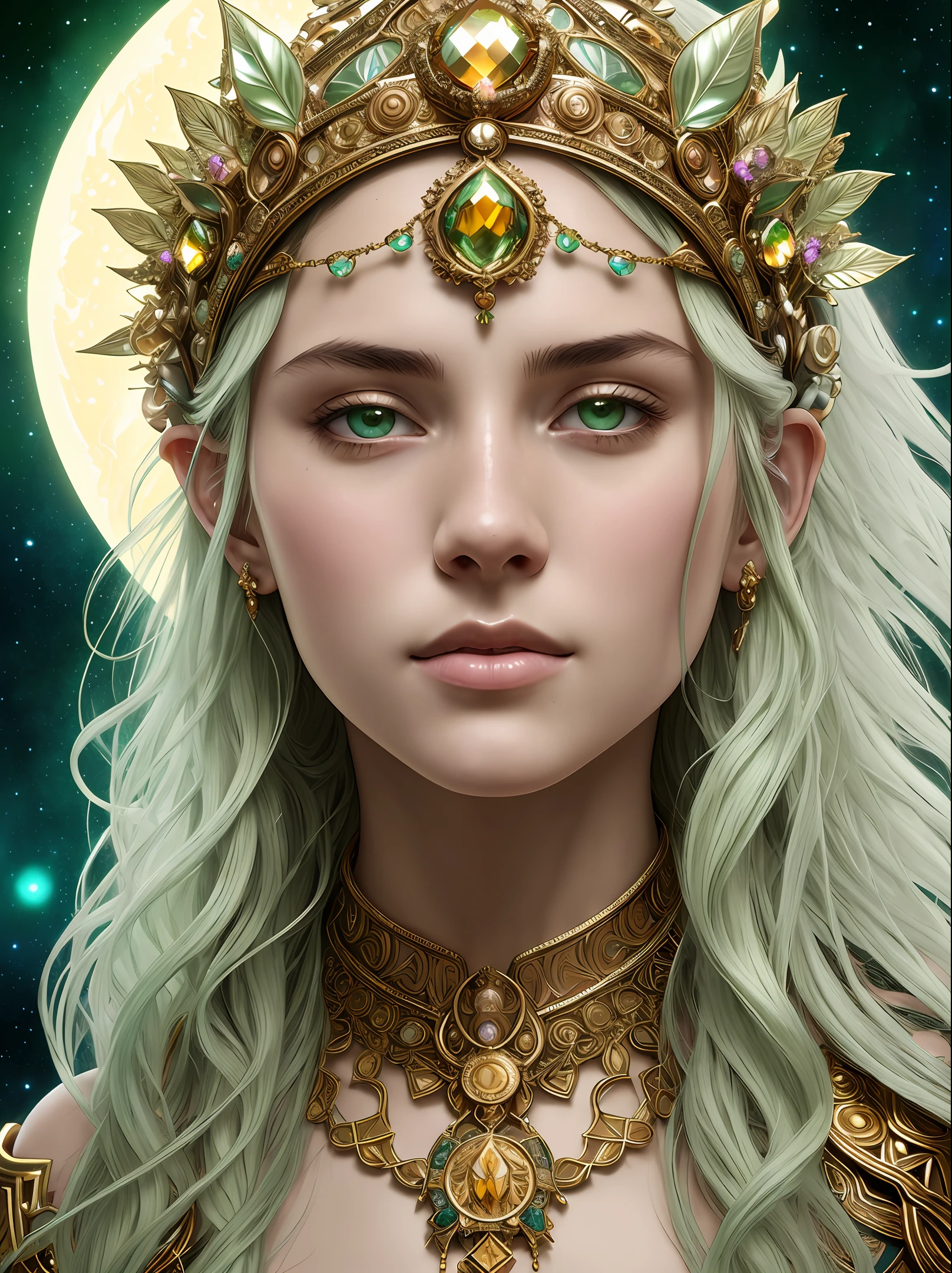 Insanely detailed photograph Lothlórien of a torso of an extremely strong masculine and handsome black man and kawaii elf intricate glistening skin face light green eyes short voluminous floating brown hair mosaic ivory_white golden shirt Lace hyperdetailed painting by Ross Tran CHarlie bowater WLOP Greg Rutkowski Tom Bagshaw and CGSociety ZBrush Central fantasy art album cover art 4K 64 megapixels 8K resolution HDR Greek light colours celestial big intricate headpiece crown with gemstones Alphonse mucha depth.