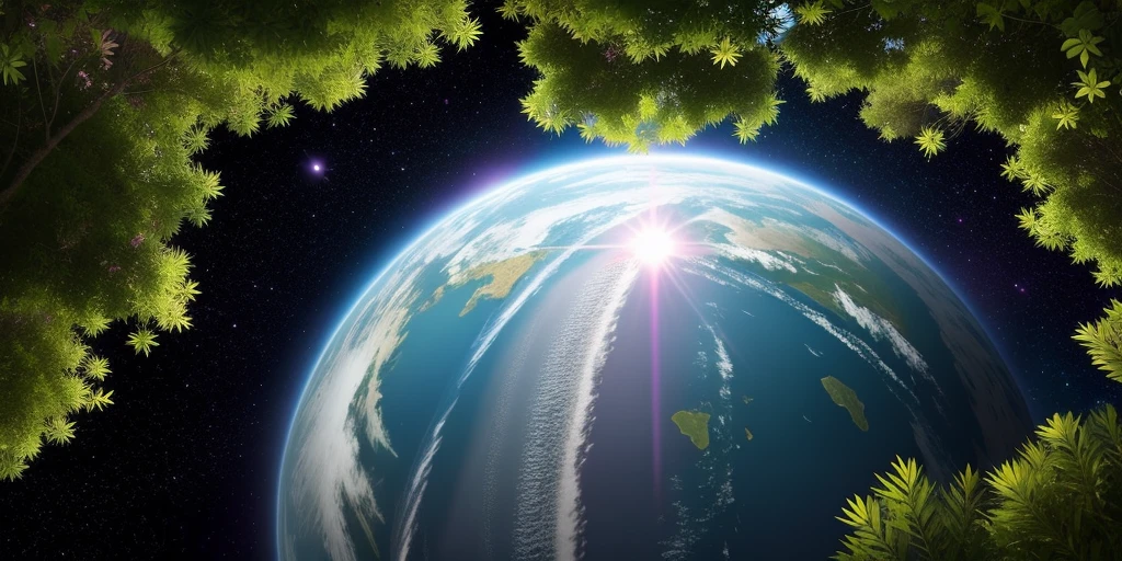 Planet in the distance has some pink islands and purple vegetation
