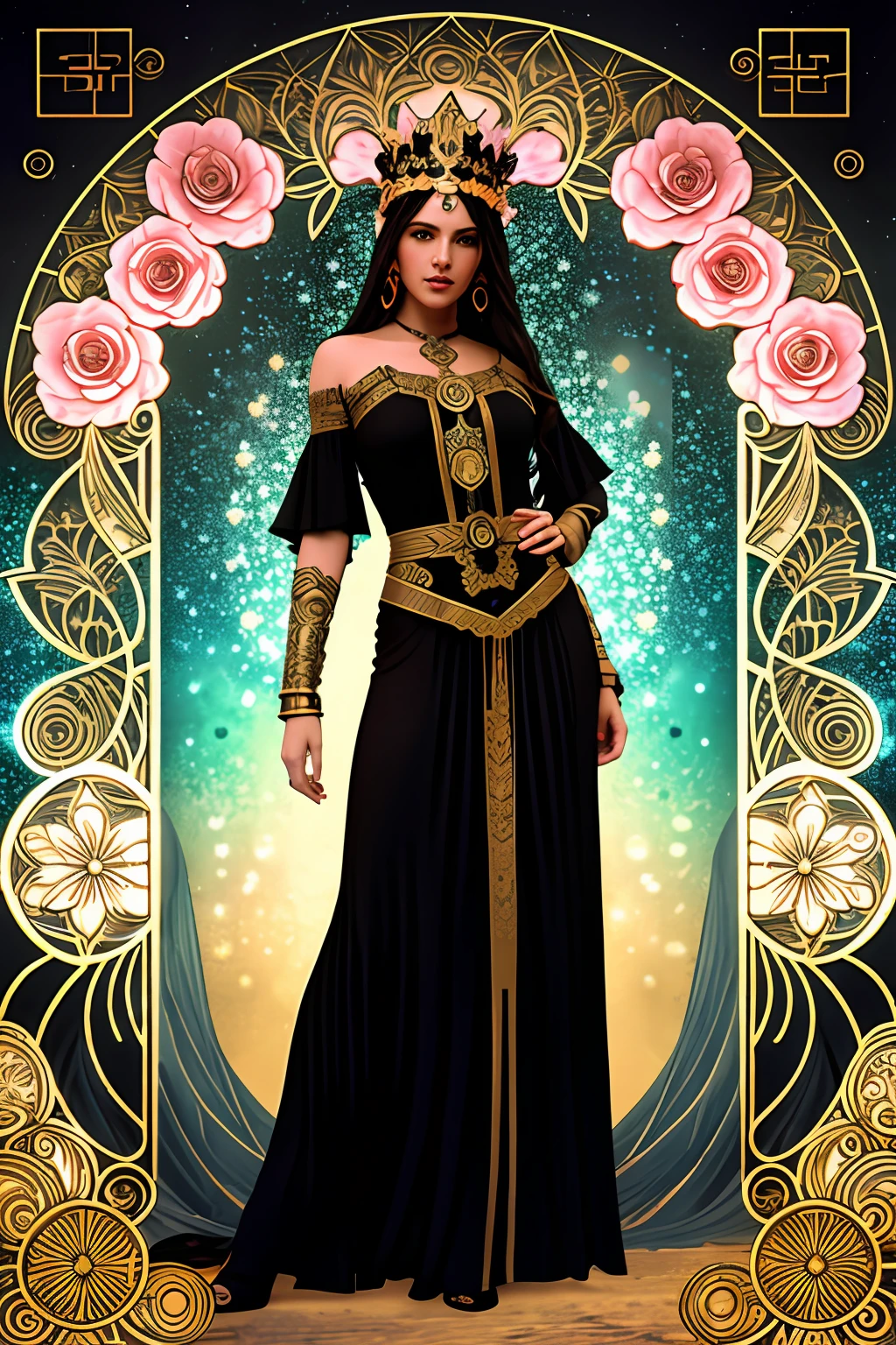 little fusion pojatti realistic  steampunk, fractal isometrics details bioluminescens : a stunning realistic photograph  greek character  beautiful awesome lady with  big rose flowers tiara of wet bone structure, 3d render, octane render, intricately detailed, titanium decorative headdress, cinematic, trending on artstation | Isometric | Centered hipereallistic cover  photo awesome full color, ,  hand drawn, dark, gritty, realistic  mucha, klimt, erte .12k,  intricate. hight definition , cinematic,Rough sketch, mix of bold dark lines and loose lines, bold lines, on paper , full body with silky dress, humanoid, Full body
