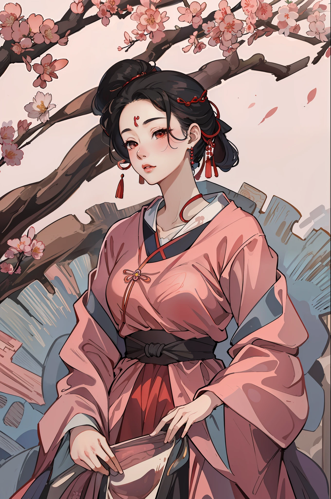 An ancient Chinese beautiful girl, cute temperament, light red dress, huge peach blossom, standing under a tree, sunshine, clear face, masterpiece, super detailed, epic composition, high quality, highest quality, 4k --v 6