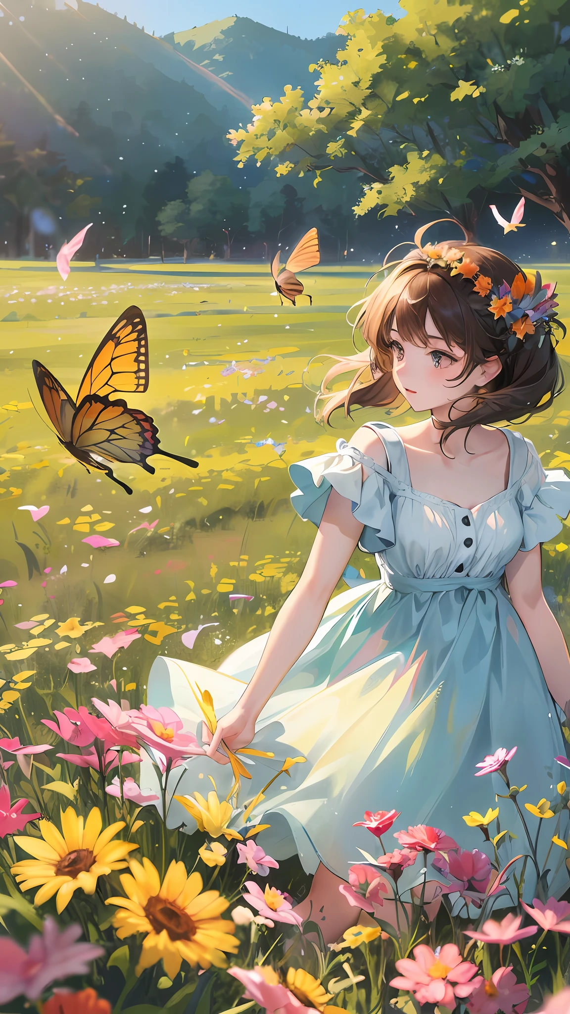 High Detail, Ultra Detail, Ultra High Resolution A cute and innocent girl is enjoying her time in an open field, surrounded by the beauty of nature, with the warm sun shining on her and wild flowers swaying gently in the breeze. Butterflies and birds flutter around her, adding to the playful atmosphere, --v6