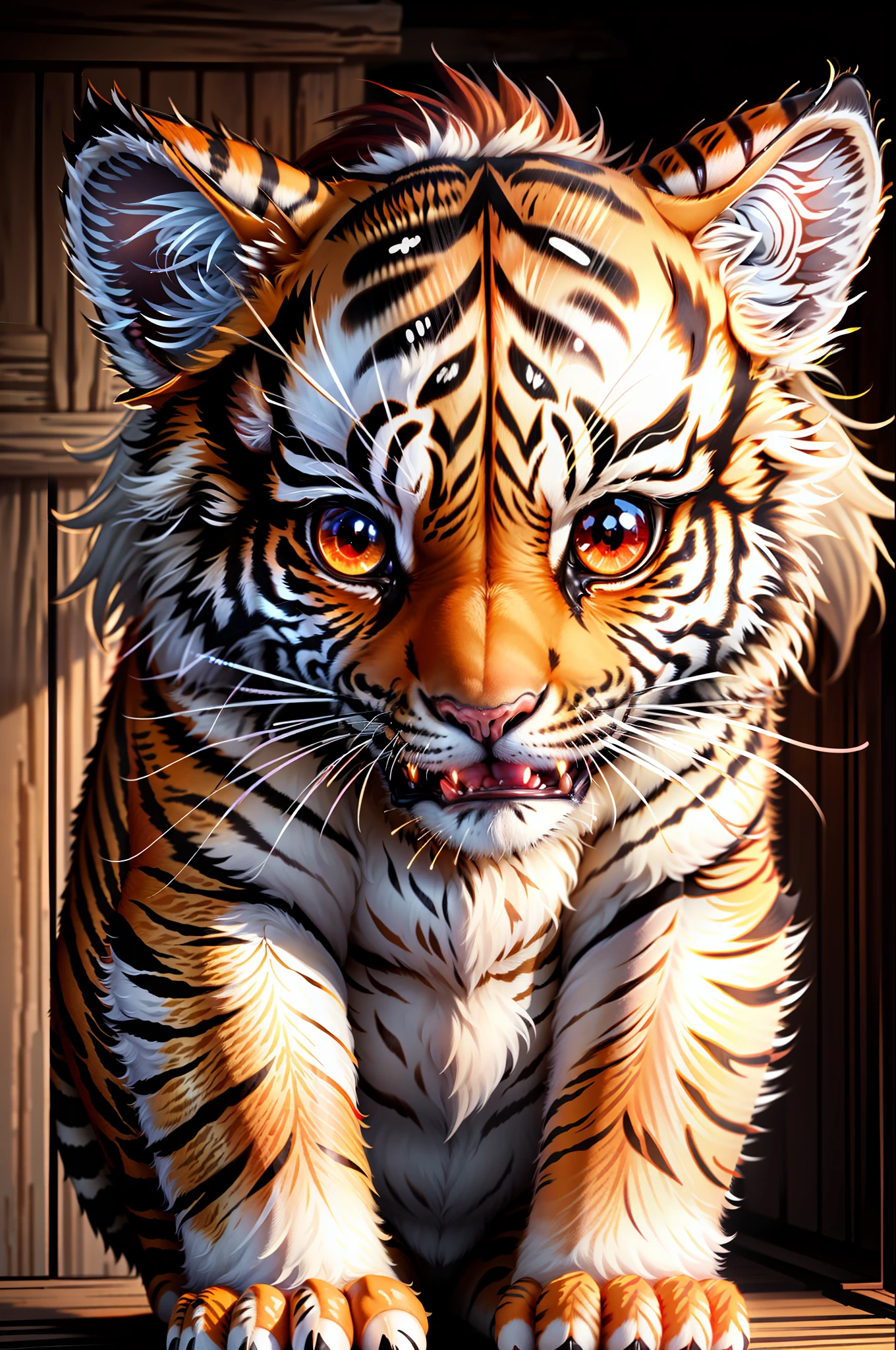 grainy, extremely detailed, intricate detail, dynamic lighting,photorealistic, filmg , natural lighting, m0nst3rfy3, tiger cub, red glowing eyes, :P, (fluffy:1.2),