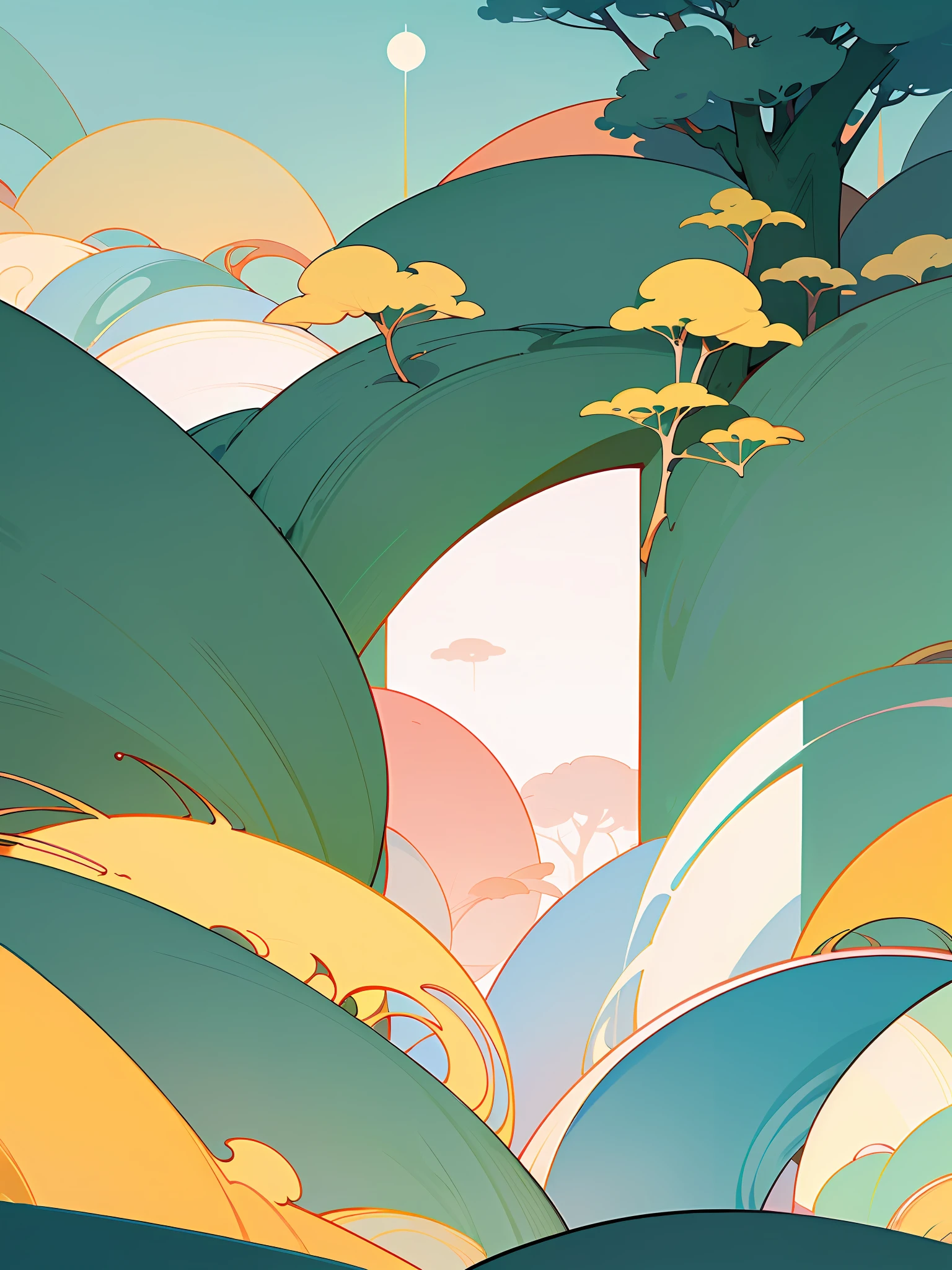(Chinese landscape), (Zen, Amy Sol style), (summer, big green trees, cicadas, sunshine), cover art with light abstraction, abstract, simple vector art, contemporary Chinese art, color gradients, soft color palettes, layered forms, whimsical animation, style Ethereal abstract, 4K, --v6