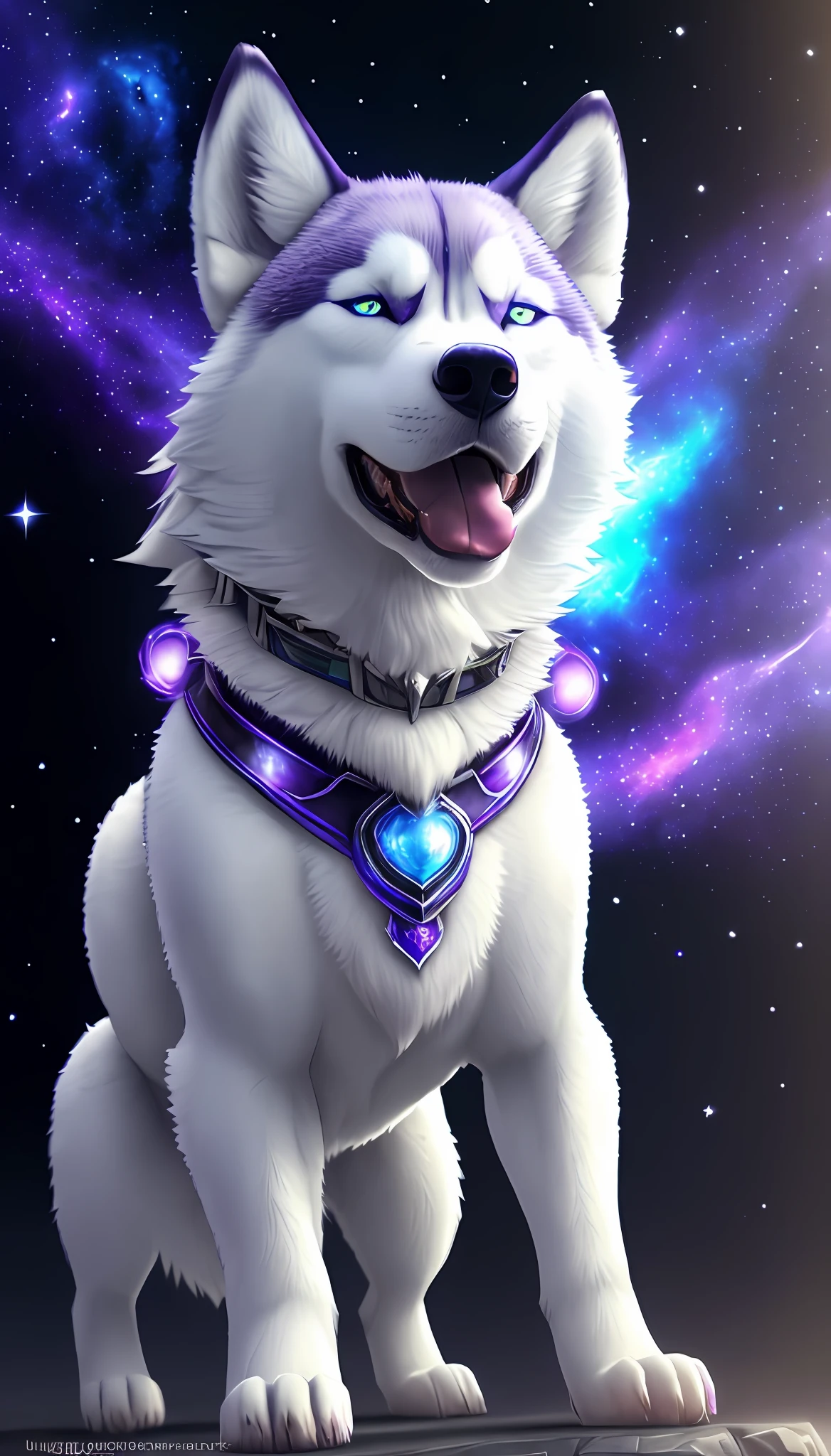 arafed husky dog with a collar and a blue and purple galaxy background, husky in shiny armor, dog as a god, very very beautiful furry art, white wolf with blue eyes, fursona art, fantasy wolf portrait, husky, furry digital art, in the universe.highly realistic, furry fantasy art, anthropomorphic wolf, white glowing eyes