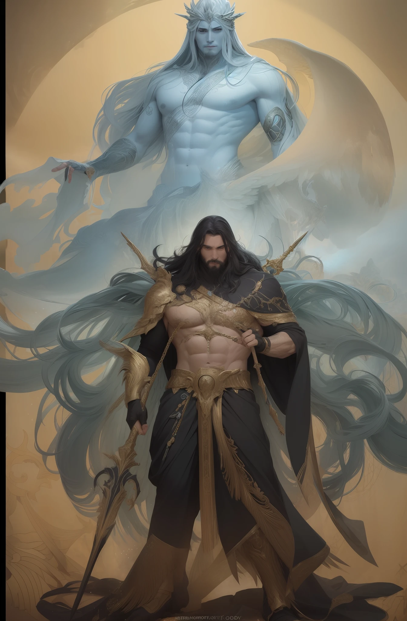 (masterpiece) create a ultra realistic Portrait of a strong and handsome male winged god. The god should have a confident and powerful expression on his face, with piercing eyes that convey his strength and wisdom. His hair should be long and flowing, and his skin should be smooth and flawless.As for clothing, the god should be adorned in regal and luxurious greek like garments, perhaps with a long flowing cape that billows behind him in the wind. He should be carrying a weapon of some sort, perhaps a sword of light or a spear of fire, to signify his strength and power. The overall mood of the image should be one of awe and reverence, with the god depicted in a majestic and god-like manner. The background of the image should be epic and grand, perhaps with clouds or mountains in the distance to further emphasize the god's divine stature. The final image should be awe-inspiring and leave the viewer in no doubt of the god's power and majesty. 3d render, octane render, cinematic, trending on artstation | Isometric | Centered hipereallistic cover photo awesome full color, , hand drawn, dark, gritty, realistic mucha, klimt, erte .12k, intricate. hight definition , cinematic,Rough sketch, mix of bold dark lines and loose lines, bold lines, on paper , full body with silky dress, humanoid, Full body