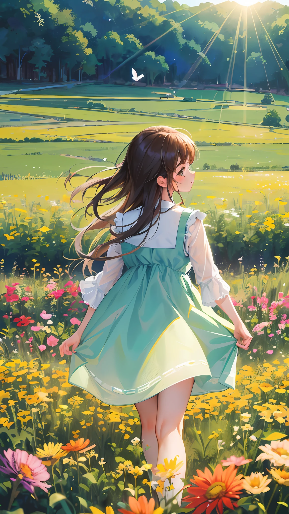 High Detail, Ultra Detail, Ultra High Resolution A cute and innocent girl is enjoying her time in an open field, surrounded by the beauty of nature, with the warm sun shining on her and wild flowers swaying gently in the breeze. Butterflies and birds flutter around her, adding to the playful atmosphere, --v6