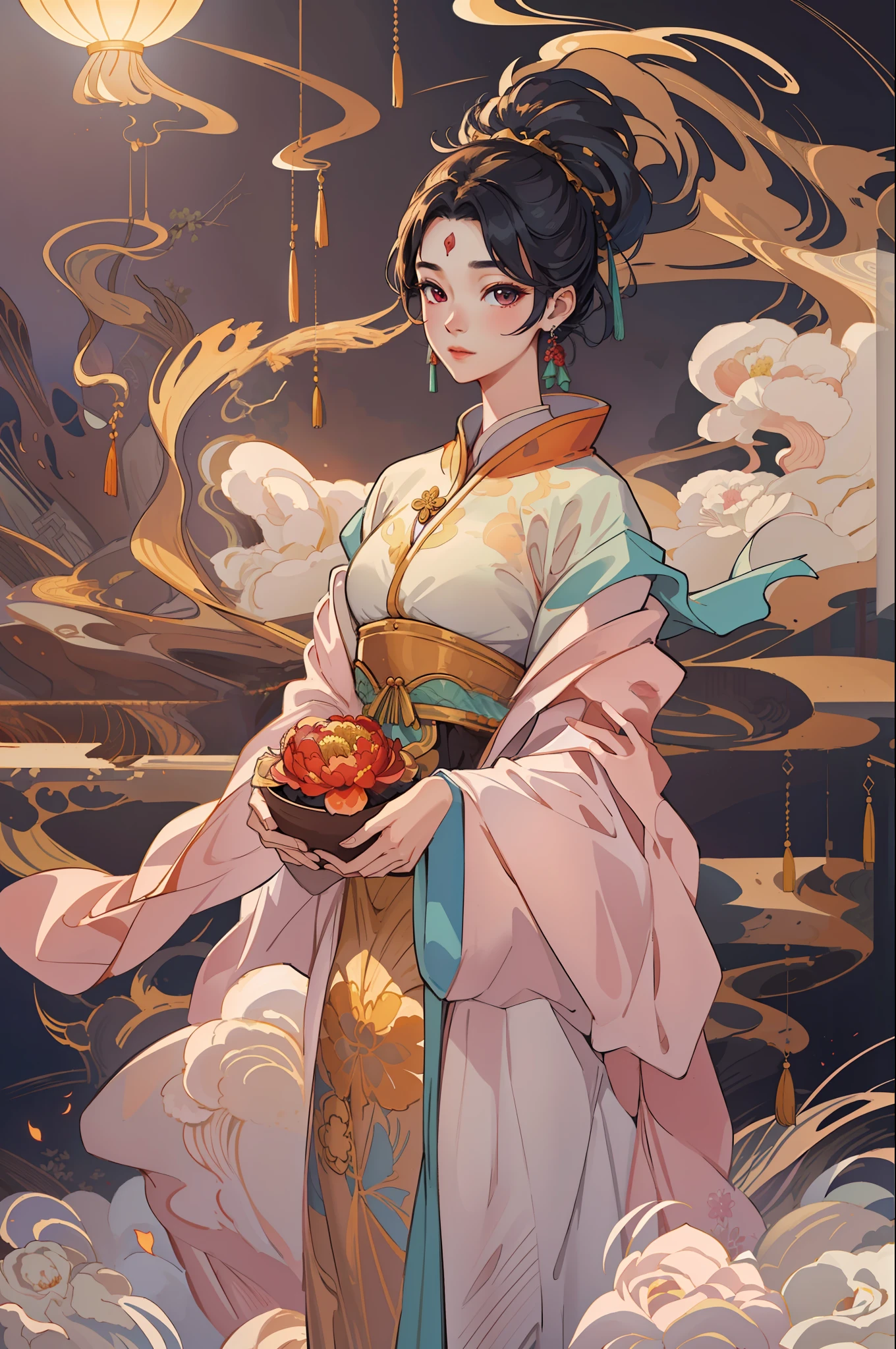 A beautiful girl in ancient China, warm temperament, beautiful long dress, huge peony, standing under a tree, sunshine, clear face, masterpiece, super detailed, epic composition, high quality, highest quality, 4k --v 6