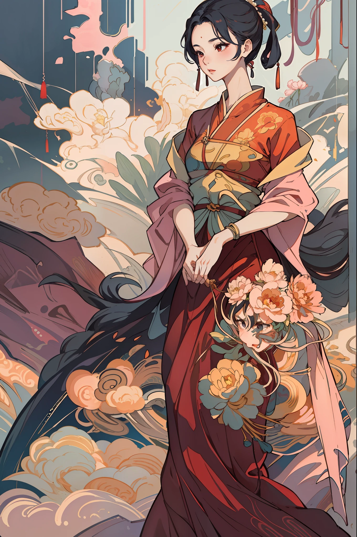 A beautiful girl in ancient China, warm temperament, beautiful long dress, huge peony, standing under a tree, sunshine, clear face, masterpiece, super detailed, epic composition, high quality, highest quality, 4k --v 6