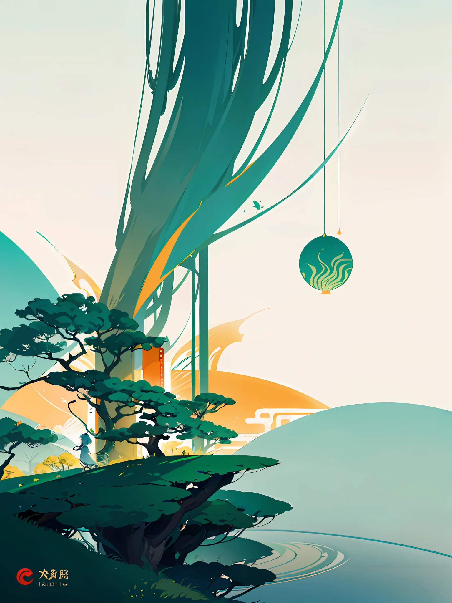 (Chinese landscape), (Zen, Amy Sol style), (summer, big green trees, cicadas, sun), cover art with light abstraction, abstract, simple vector art, contemporary Chinese art, color gradients, soft color palettes, layered forms, whimsical animation, style Ethereal abstract, 4K, --v6
