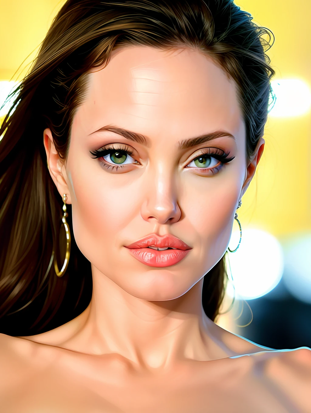 A closeup shot, head, ultra wide angle, in focus, stunning beautiful Angelina Jolie, hdr, best quality, professional photo,