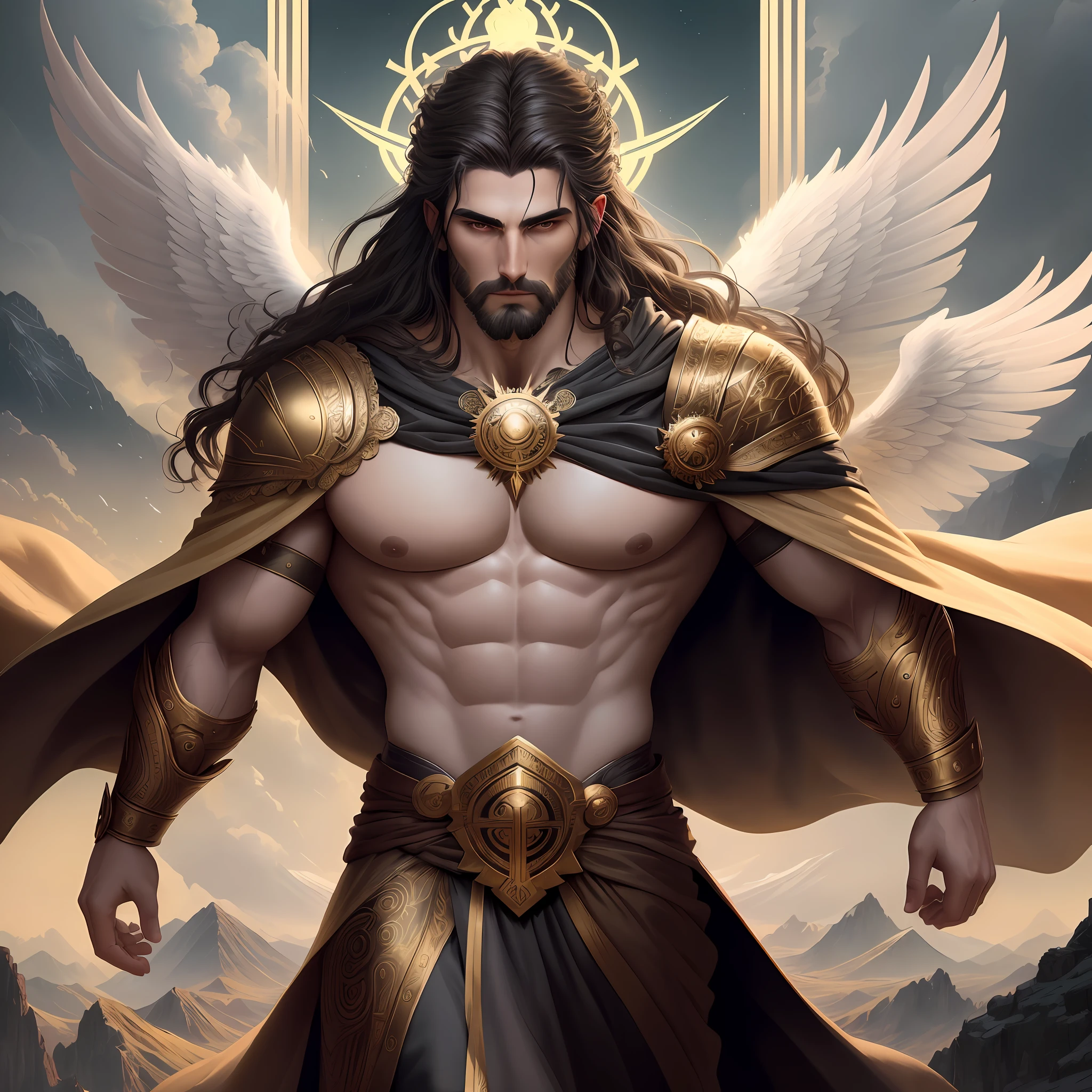 (masterpiece) create a ultra realistic Portrait of a strong and handsome male winged god. The god should have a confident and powerful expression on his face, with piercing eyes that convey his strength and wisdom. His hair should be long and flowing, and his skin should be smooth and flawless.As for clothing, the god should be adorned in regal and luxurious greek like garments, perhaps with a long flowing cape that billows behind him in the wind. He should be carrying a weapon of some sort, perhaps a sword of light or a spear of fire, to signify his strength and power. The overall mood of the image should be one of awe and reverence, with the god depicted in a majestic and god-like manner. The background of the image should be epic and grand, perhaps with clouds or mountains in the distance to further emphasize the god's divine stature. The final image should be awe-inspiring and leave the viewer in no doubt of the god's power and majesty. 3d render, octane render, cinematic, trending on artstation | Isometric | Centered hipereallistic cover photo awesome full color, , hand drawn, dark, gritty, realistic mucha, klimt, erte .12k, intricate. hight definition , cinematic,Rough sketch, mix of bold dark lines and loose lines, bold lines, on paper , full body with silky dress, humanoid, Full body
