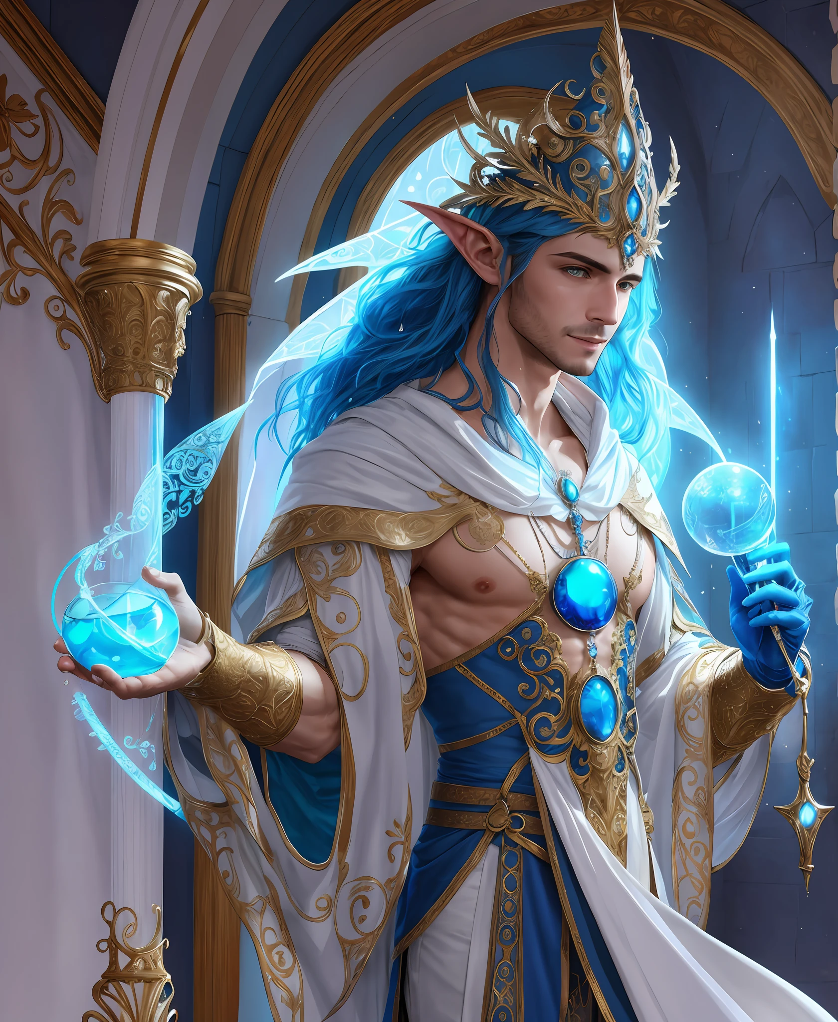 beautiful elven male scientist in elaborate gloves working alchemy, elaborate headpiece and gloves, white robes, alchemical laboratory, elven, long hair, ornate clothes, smiling, blue eyes, ((best quality)), ((masterpiece)), (detailed), realistic eyes, ethereal beauty, delicate, otherworldly charm, daylight, soft colors, (detailed cyberpunk background:1.3) (fantasy illustration:1.3), smooth skin, clean chin --v6
