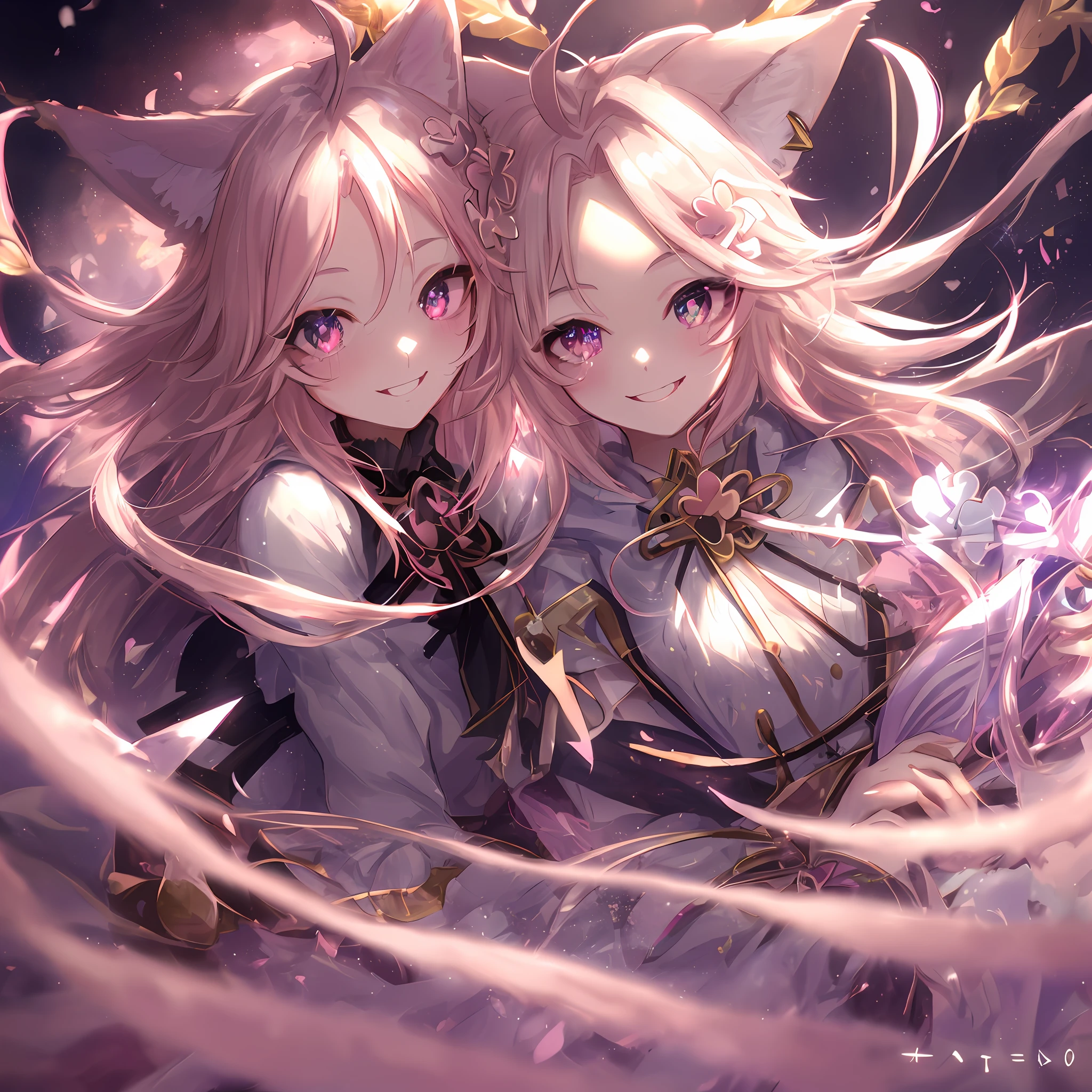 magic, smile, fox ears, mismatched sclera, mismatched pupils, clover hair ornament, forehead jewel, ahoge, gradient hair, anime style, high detail, chiaroscuro, cinematic lighting, UHD, masterpiece, best quality, 8k