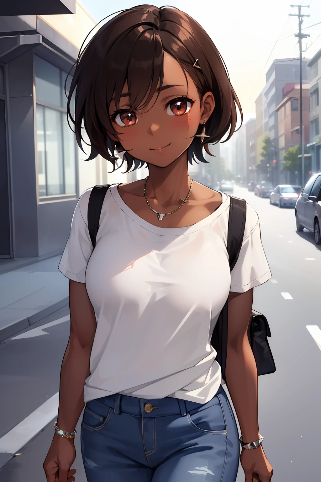 realistic portrait of 9  African American cute little bork brown skin color)) ((chibi)), cute smile, ((walking on the road)), wearing white T-shirt and jeans, current fashion, hair style african((kanekalon)), background dark lighting, close-up, product view, detailed facial details, perfect face, sharpness, trend art, sharp facial details, cgsociety, ultra high quality digital art, exquisite hyper details, 4k, 8k soft lighting, --iso 100 dreamy, fashion -