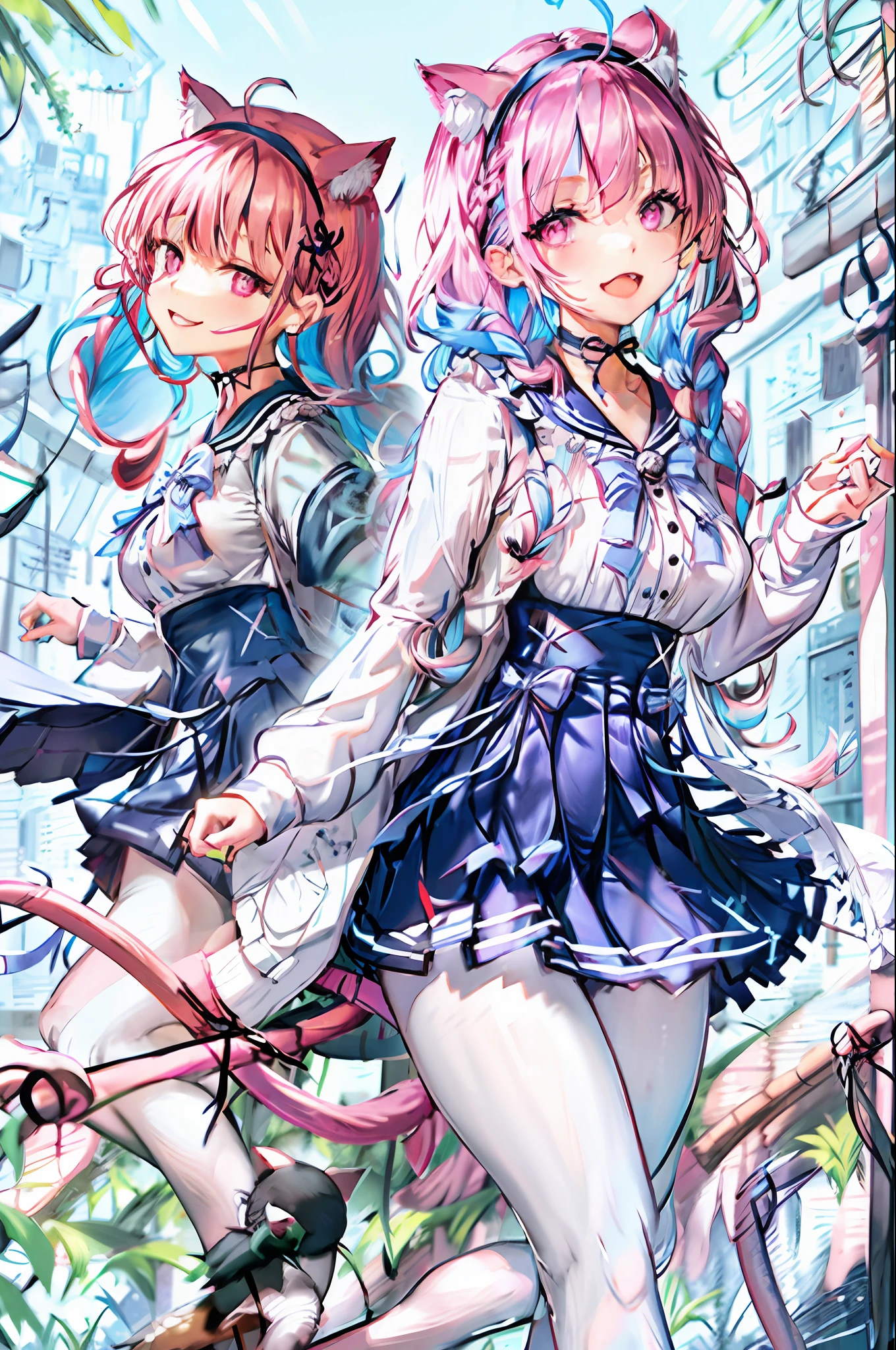 masterpiece, best quality, high resolution, side light, 1girl, minato aqua, virtual youtuber, tail, animal ears, cat ears, long hair, purple eyes, braids, ahoge, cat tail, skirt, multicolored hair, double braids, Blue hair, two-tone hair, headband, tailpiece, tailband, pink hair, anchor hairpiece, ribbon, sailor collar, school uniform, pleated skirt, bow, catwoman, double ponytail, , bangs , upper body, cafe, smile,