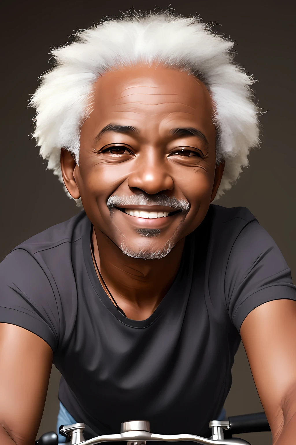 realism portrait of cute 70 years old African American man ((dark brown skin color)) ((chibi)), cute smile, ((riding a bicycle)), wearing black shirt and jeans, current fashion, hair african style military cut, background dark lighting, close-up, product view, detailed facial details, perfect face, sharpness, trend art, sharp facial details, cgsociety, ultra high quality digital art, hyper exquisite details, 4k, 8k lighting smooth, --iso 100 dreamy, fashion -