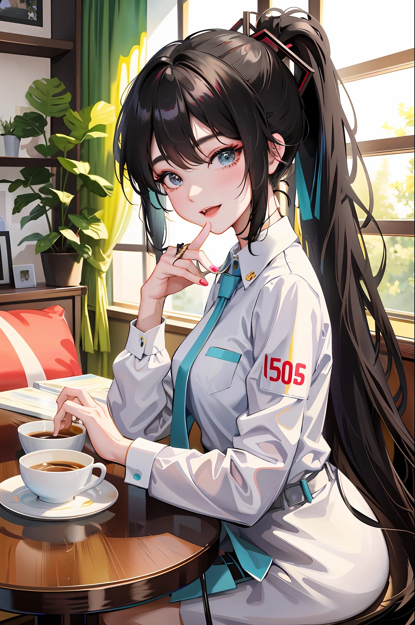 Korean girl, black hair, older sister, tying her hair into a ponytail and smiling to the narrator, high definition picture, masterpiece, (beautiful girl, cafe, seductive, virgin, sexy), (secretary), Miku, Hatsune Miku,