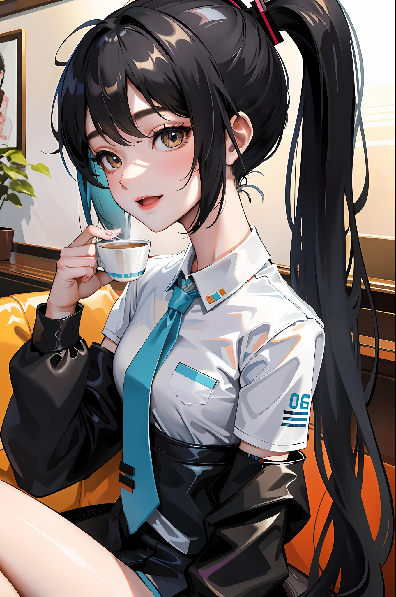 Korean girl, black hair, older sister, tying her hair into a ponytail and smiling to the narrator, high definition picture, masterpiece, (beautiful girl, cafe, seductive, virgin, sexy), (secretary), Miku, Hatsune Miku,