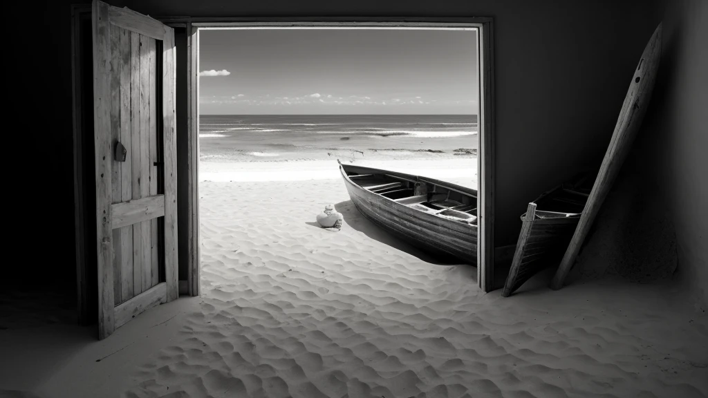 doorway leading to a beach with a boat in the sand, inspired by Max Dupain, coming ashore, surreal scene, beach surreal photography, by Jan Kupecký, dramatic entry, black and white artistic photo, open door, black and white photography, by Holger Roed, inspired by Grzegorz Domaradzki, boat