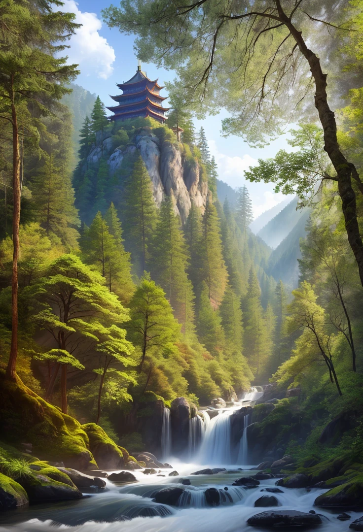 Generate an image of a beautiful girl sitting on a crumbling wall, surrounded by tall pine trees and a river flowing nearby, with misty mountains and lush greenery in the background. The fairy is wearing a red traditional Chinese dress and smiling at the camera, her face illuminated by the morning sunlight filtering through the trees.
(Chinese-style architecture),(Chinese architecture),(raw photo:1.2), (photorealistic:1.4), absurdres, incredibly absurdres, huge filesize , ultra-detailed, highres, extremely detailed,best quality ,masterpiece, illustration, an extremely delicate and beautiful, extremely detailed ,CG ,unity ,8k wallpaper, Amazing, finely detail, masterpiece,best quality, pureerosface_v1,ulzzang-6500-v1.1,