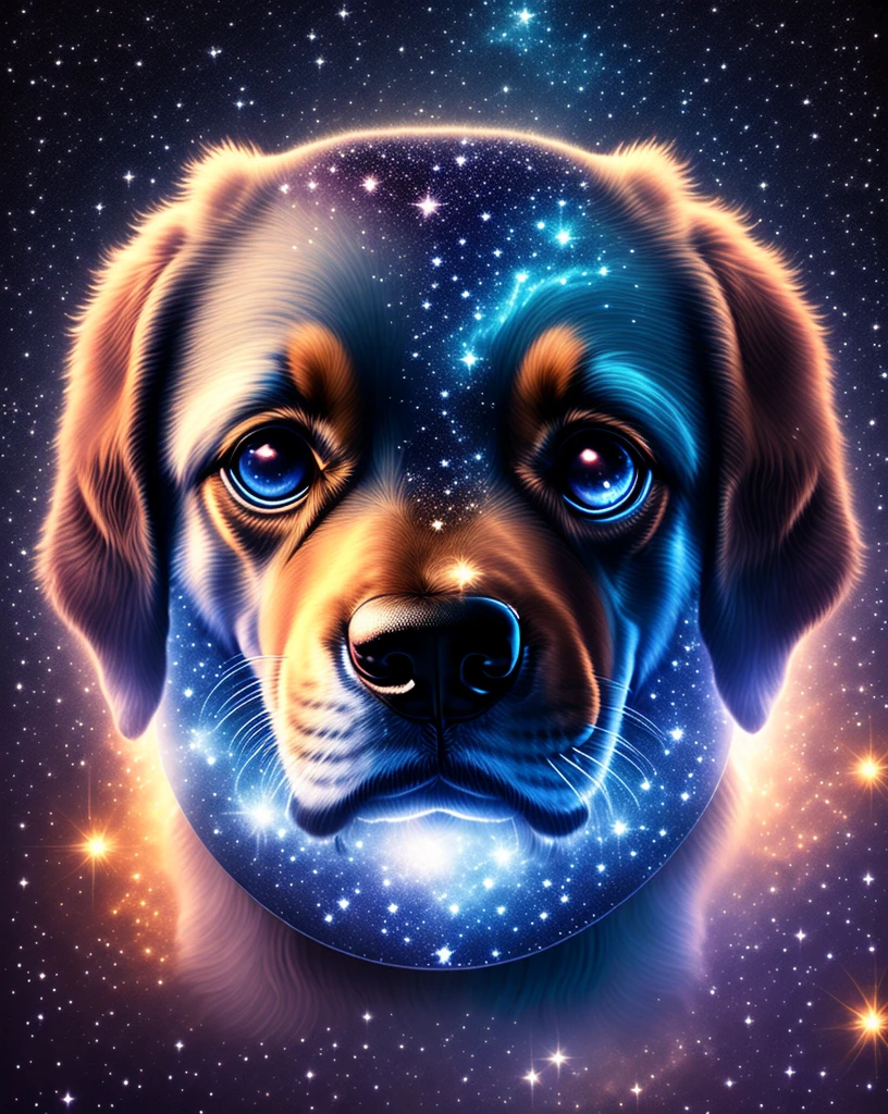 Dog face in space, stars, nebula, universe