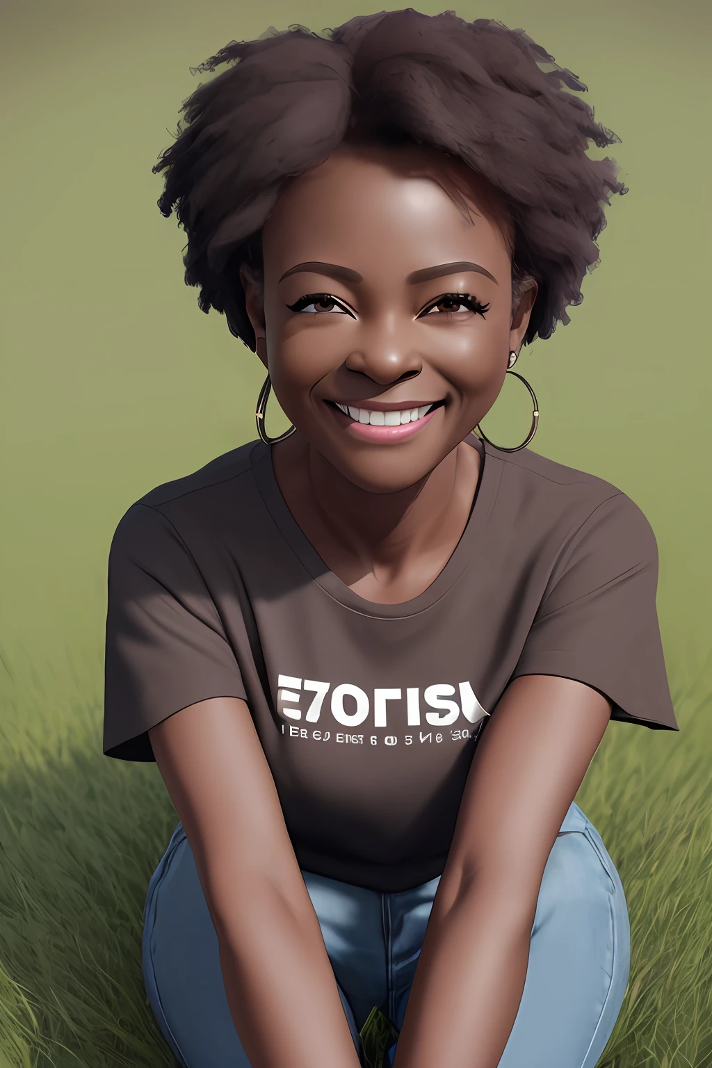 realistic portrait of cute 70 year old African American senior ((dark brown skin color)) ((chibi)), cute smile, ((sitting on grass)), wearing black shirt and jeans, current fashion, hair style african military cut, background dark lighting, close-up, product view, detailed facial details, perfect face, sharpness, trend art, sharp facial details, cgsociety, ultra high quality digital art, hyper exquisite details, 4k, 8k soft lighting , --iso 100 dreamy, fashion -