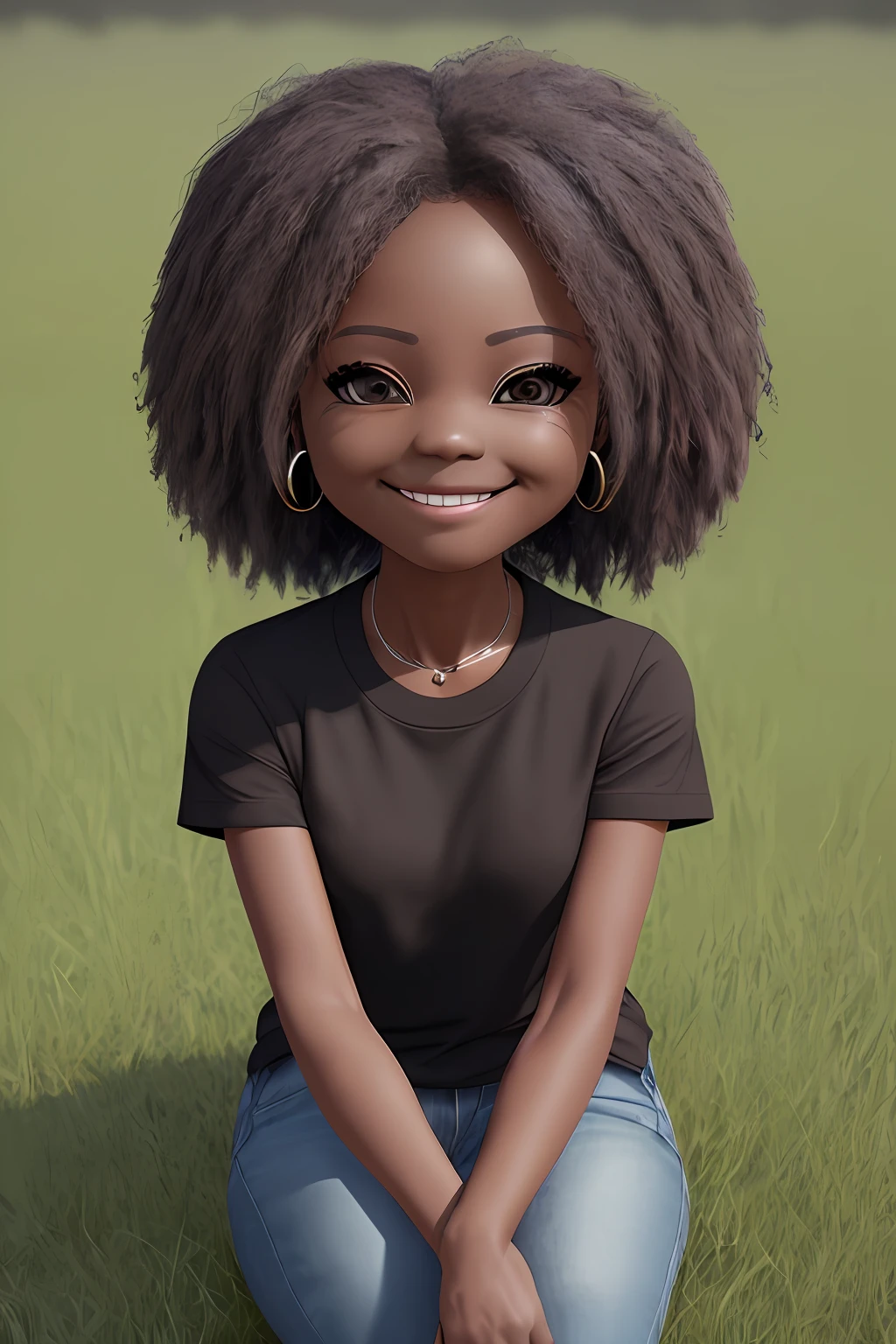 realistic portrait of cute 70 year old African American senior ((dark brown skin color)) ((chibi)), cute smile, ((sitting on grass)), wearing black shirt and jeans, current fashion, hair style african military cut, background dark lighting, close-up, product view, detailed facial details, perfect face, sharpness, trend art, sharp facial details, cgsociety, ultra high quality digital art, hyper exquisite details, 4k, 8k soft lighting , --iso 100 dreamy, fashion -