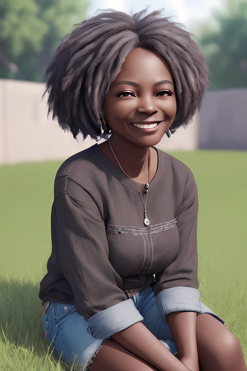 realistic portrait of cute 70 year old African American senior ((dark brown skin color)) ((chibi)), cute smile, ((sitting on grass)), wearing black shirt and jeans, current fashion, hair style african military cut, background dark lighting, close-up, product view, detailed facial details, perfect face, sharpness, trend art, sharp facial details, cgsociety, ultra high quality digital art, hyper exquisite details, 4k, 8k soft lighting , --iso 100 dreamy, fashion -