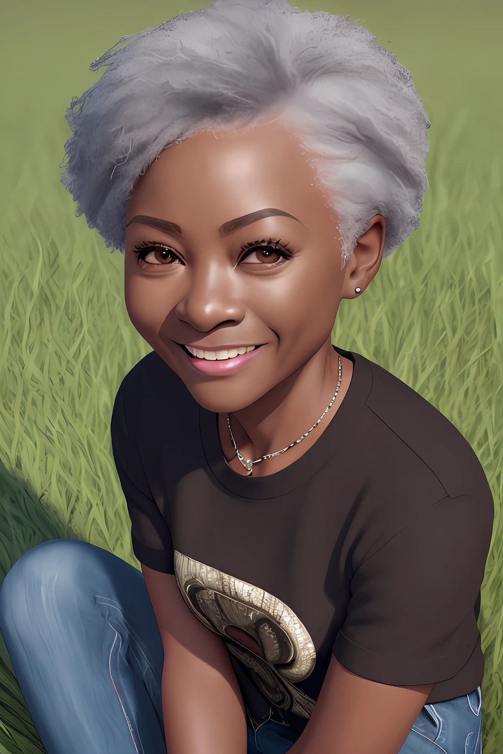 realistic portrait of cute 70 year old African American senior ((dark brown skin color)) ((chibi)), cute smile, ((sitting on grass)), wearing black shirt and jeans, current fashion, hair style african military cut, background dark lighting, close-up, product view, detailed facial details, perfect face, sharpness, trend art, sharp facial details, cgsociety, ultra high quality digital art, hyper exquisite details, 4k, 8k soft lighting , --iso 100 dreamy, fashion -