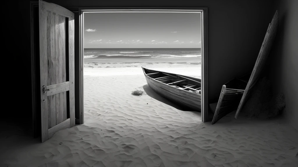 doorway leading to a beach with a boat in the sand, inspired by Max Dupain, coming ashore, surreal scene, beach surreal photography, by Jan Kupecký, dramatic entry, black and white artistic photo, open door, black and white photography, by Holger Roed, inspired by Grzegorz Domaradzki, boat