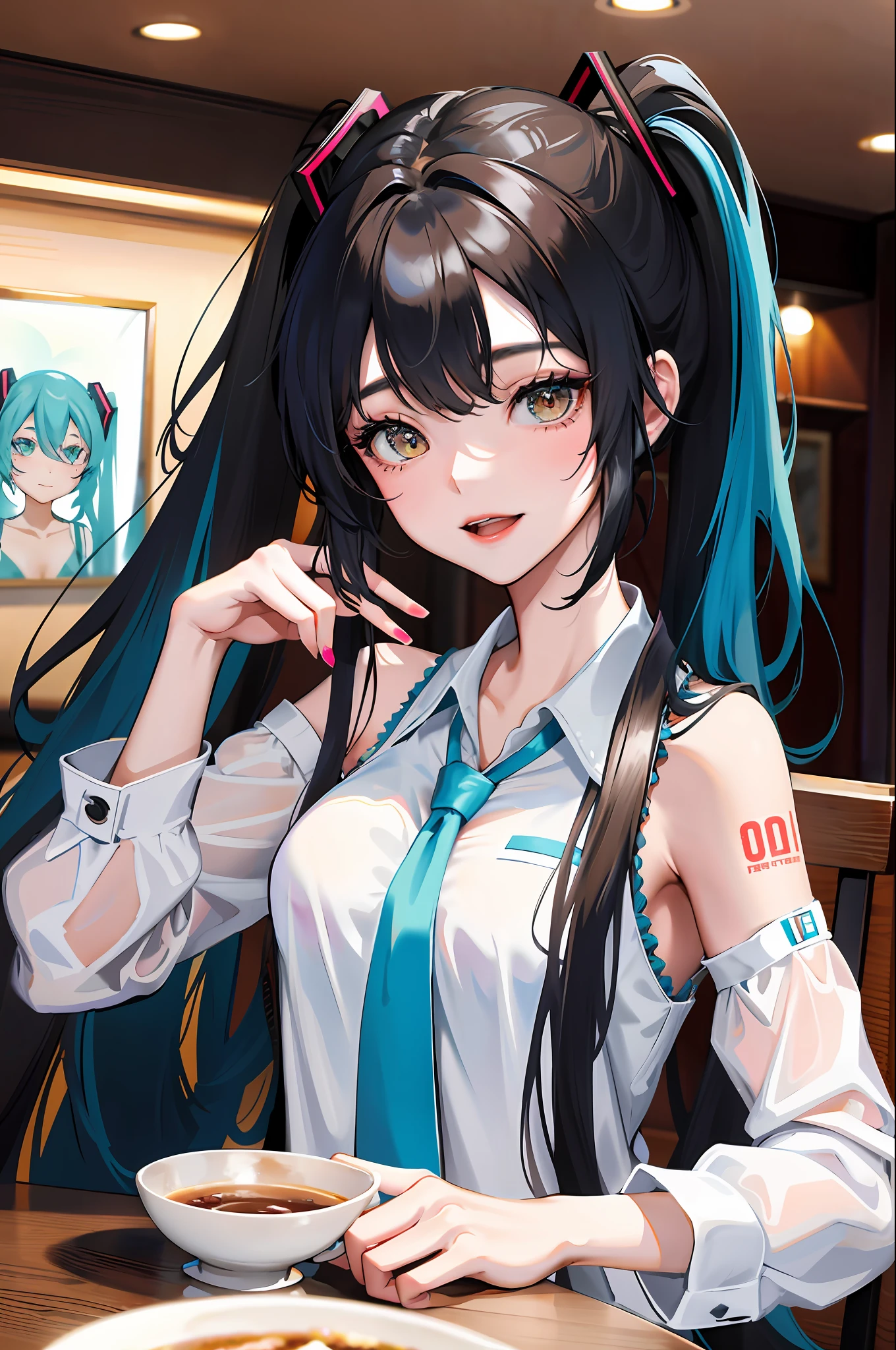 Korean girl, black hair, older sister, putting her hair in a ponytail and smiling to the narrator, high definition picture, masterpiece, (beautiful girl, cafe, seductive, virgin, sexy), (secretary), Miku, Hatsune Miku, blue hair,