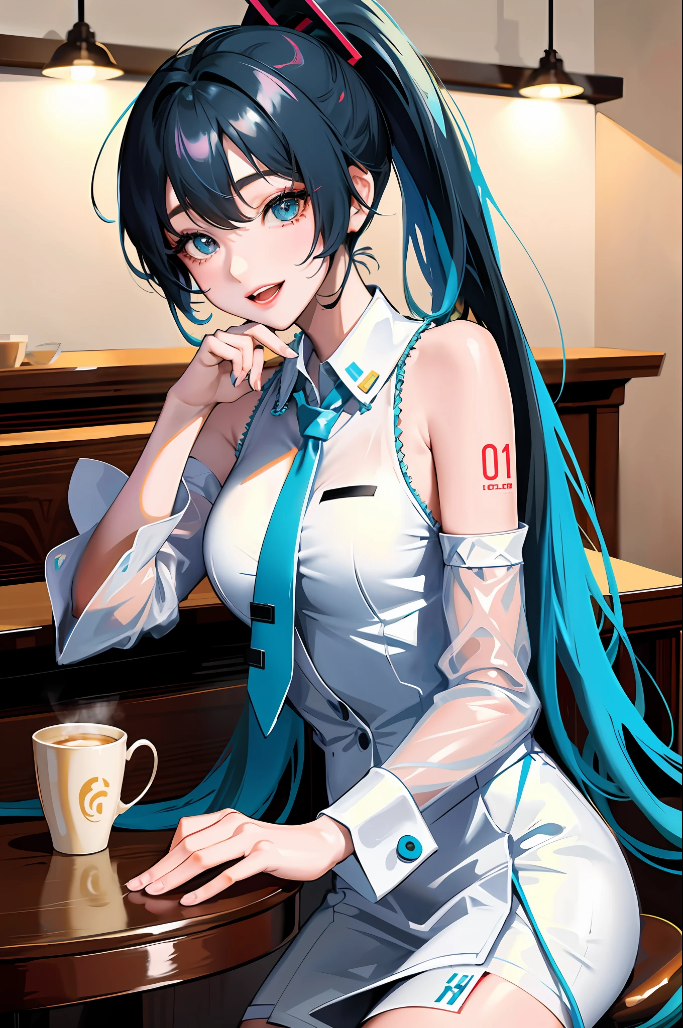 Korean girl, black hair, older sister, putting her hair in a ponytail and smiling to the narrator, high definition picture, masterpiece, (beautiful girl, cafe, seductive, virgin, sexy), (secretary), Miku, Hatsune Miku, blue hair,