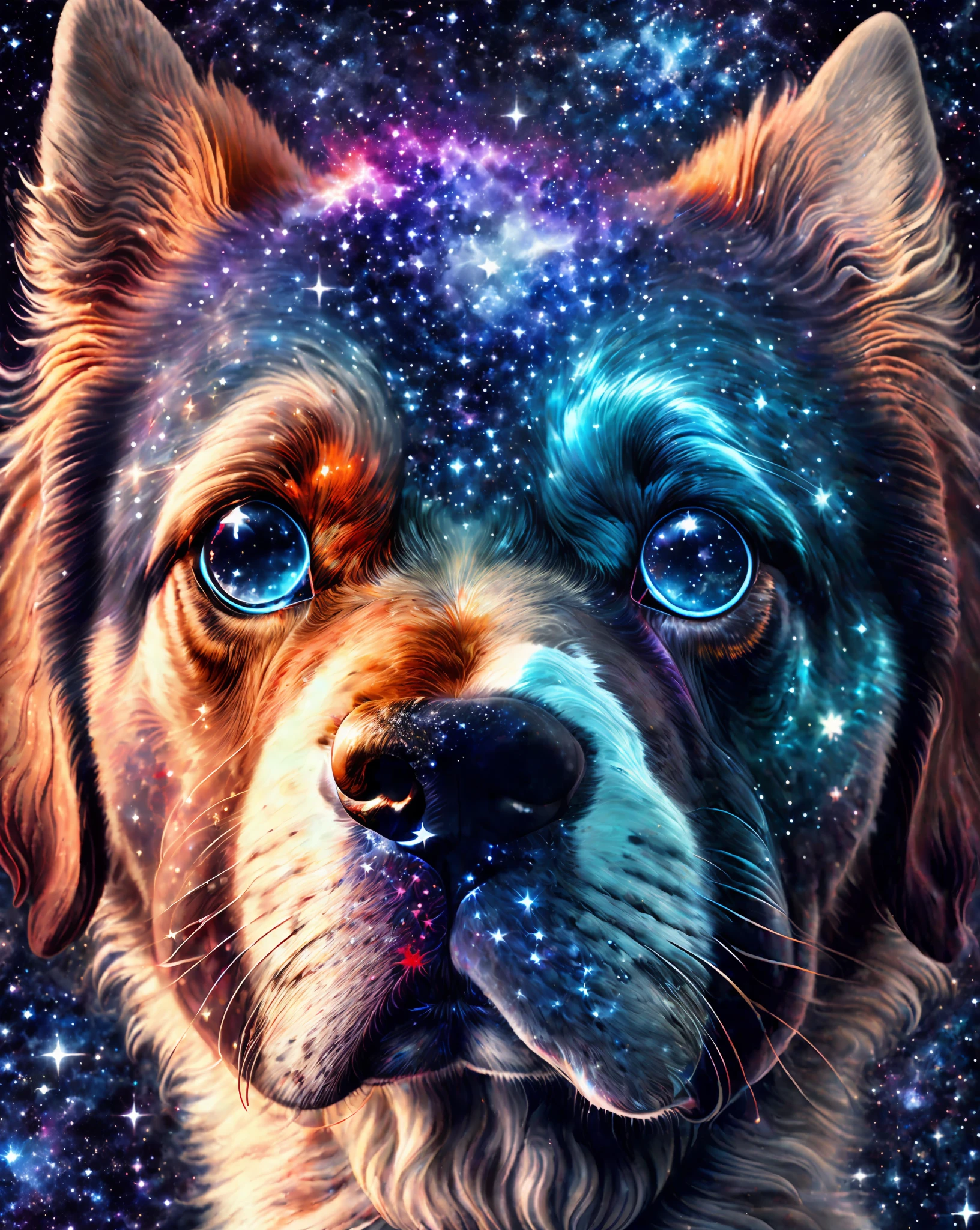 ((universe)),((star+nebula)|[space elements]),((dog face: 1.2)|(other animals: 0.9)),((colorful flowing blood stain+galactic river):1.2)|( Classic black background): 0.8)