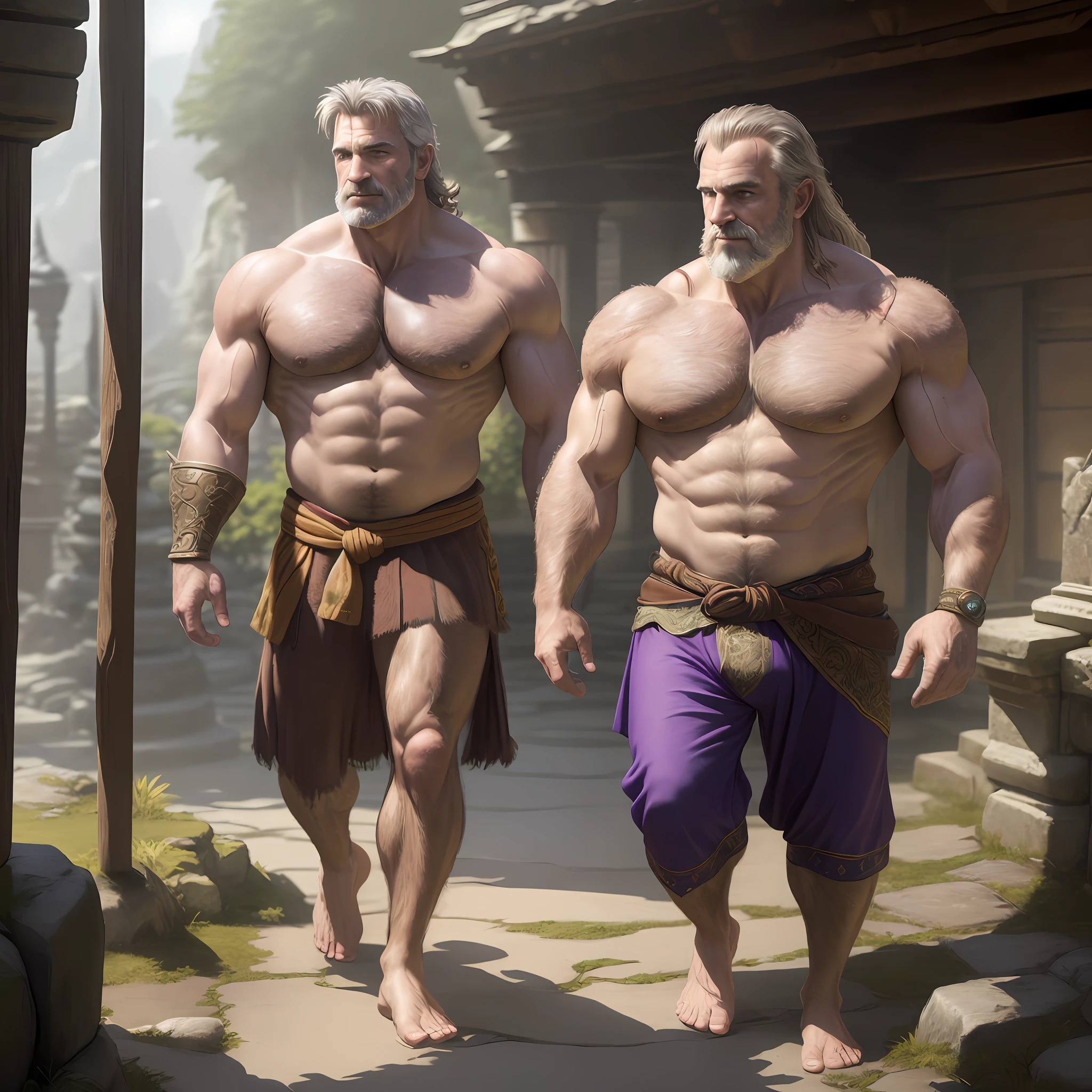 masterpiece, detailed, intricate, epic fantasy, colorful, full body, slight angle, man, 60 years old, hulking, brawny, ankle wraps, very hairy chest, skimpy revealing outfit, receding hairline, smirk, mercenary, blades, big ancient city gates, pointing away, depth of field, particle effects, high quality shadows
