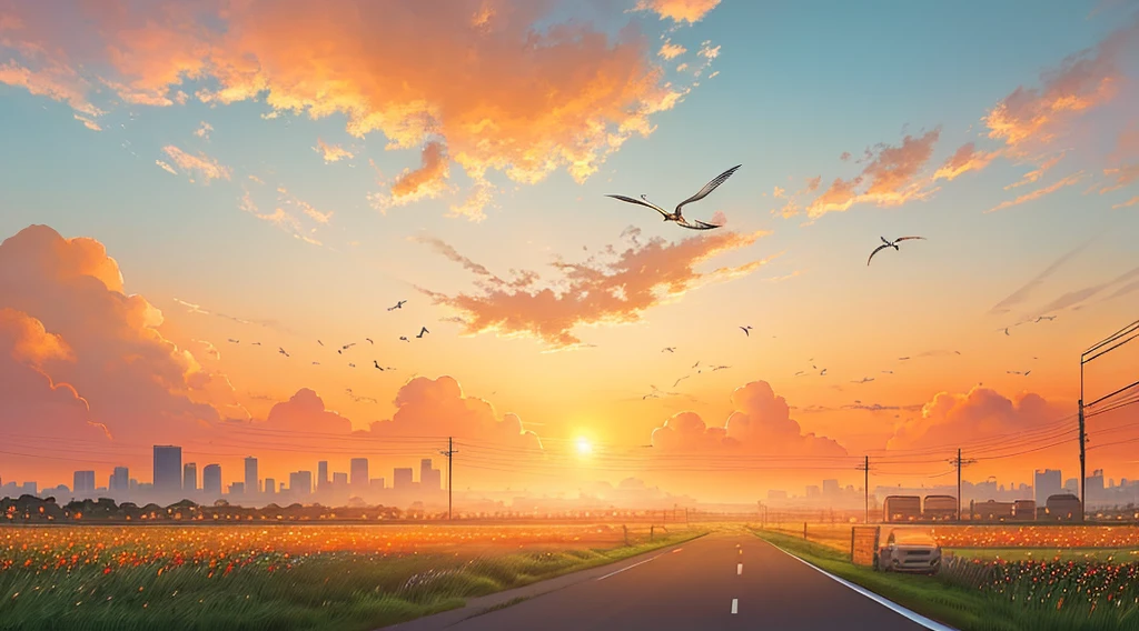 masterpiece, best quality, illustration, colorful, pretty background, sunset, orange color, sky, clouds, grass, city far, birds far, no sun, road aside, wires