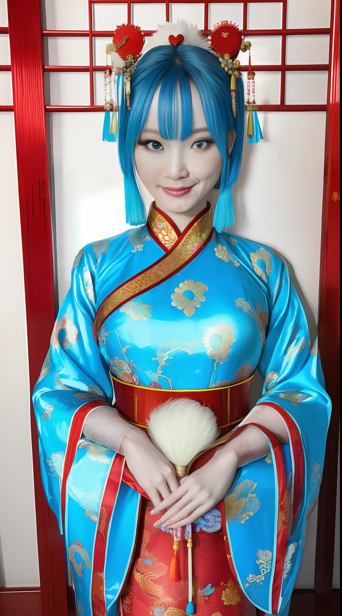a beautiful model wearing chinese tradition dress, light blue hair, heart-shaped pupils, makeup, naughty face, seductive smile, Social realism, high detail, framed, wide shot, 16k, masterpiece, UHD, anatomically correct, masterpiece