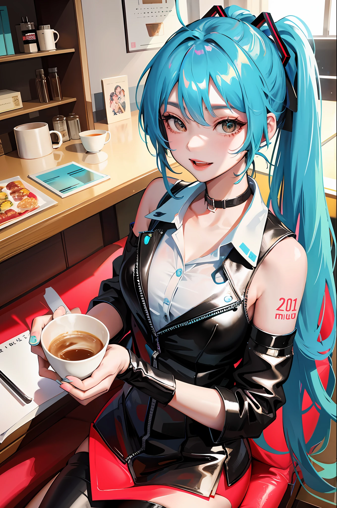 Korean girl, black hair, older sister, putting her hair in a ponytail and smiling to the narrator, high definition picture, masterpiece, (beautiful girl, cafe, seductive, virgin, sexy), (secretary), Miku, Hatsune Miku, blue hair,