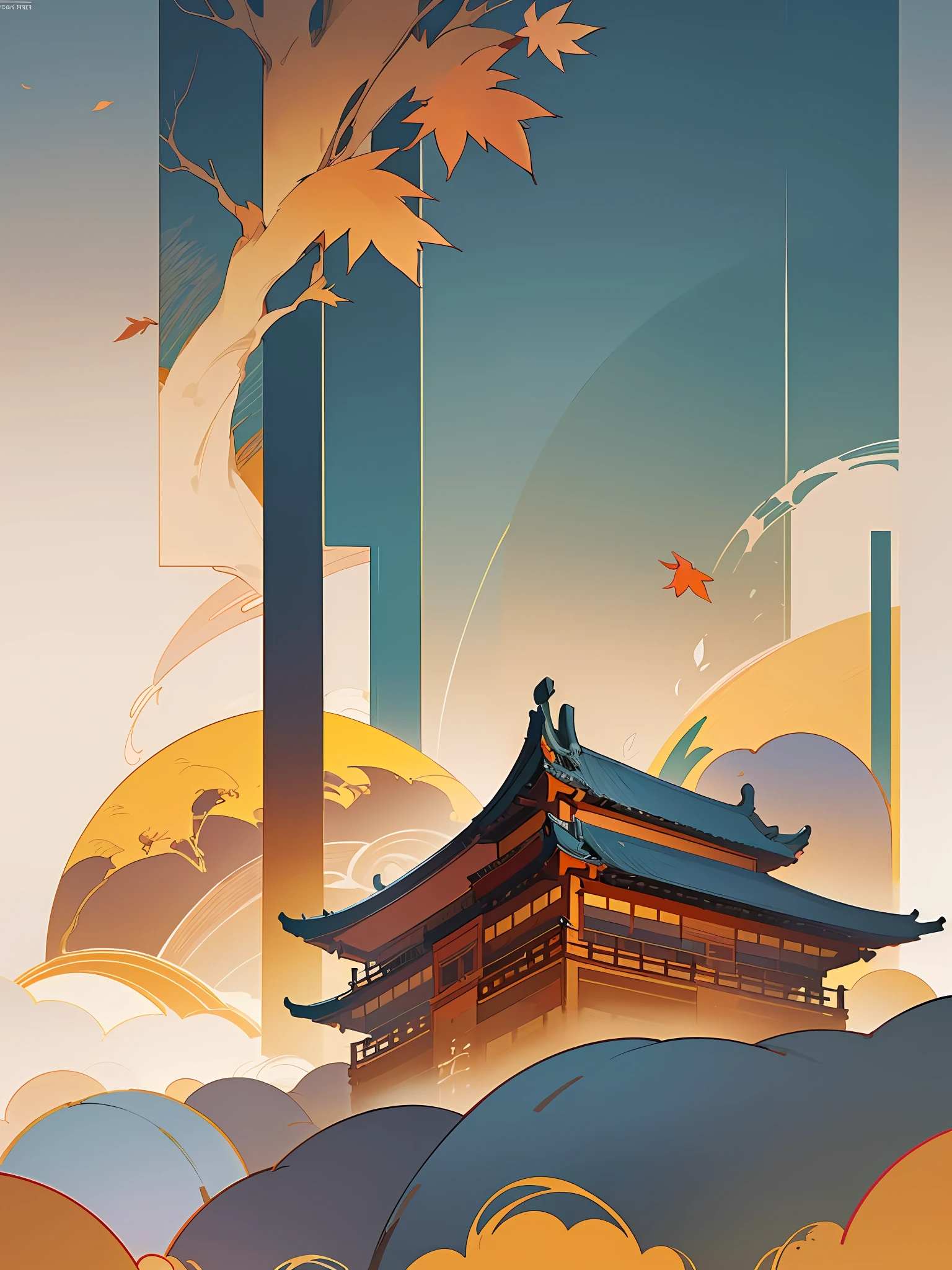 (Chinese landscape), (Zen, Amy Sol style), (Autumn, autumn leaves, fallen leaves, sunset, architecture), cover art with light abstraction, abstract, simple vector art, contemporary Chinese art, color gradients, soft color palettes, layered forms, whimsical animation, style Ethereal abstract, 4K, --v6