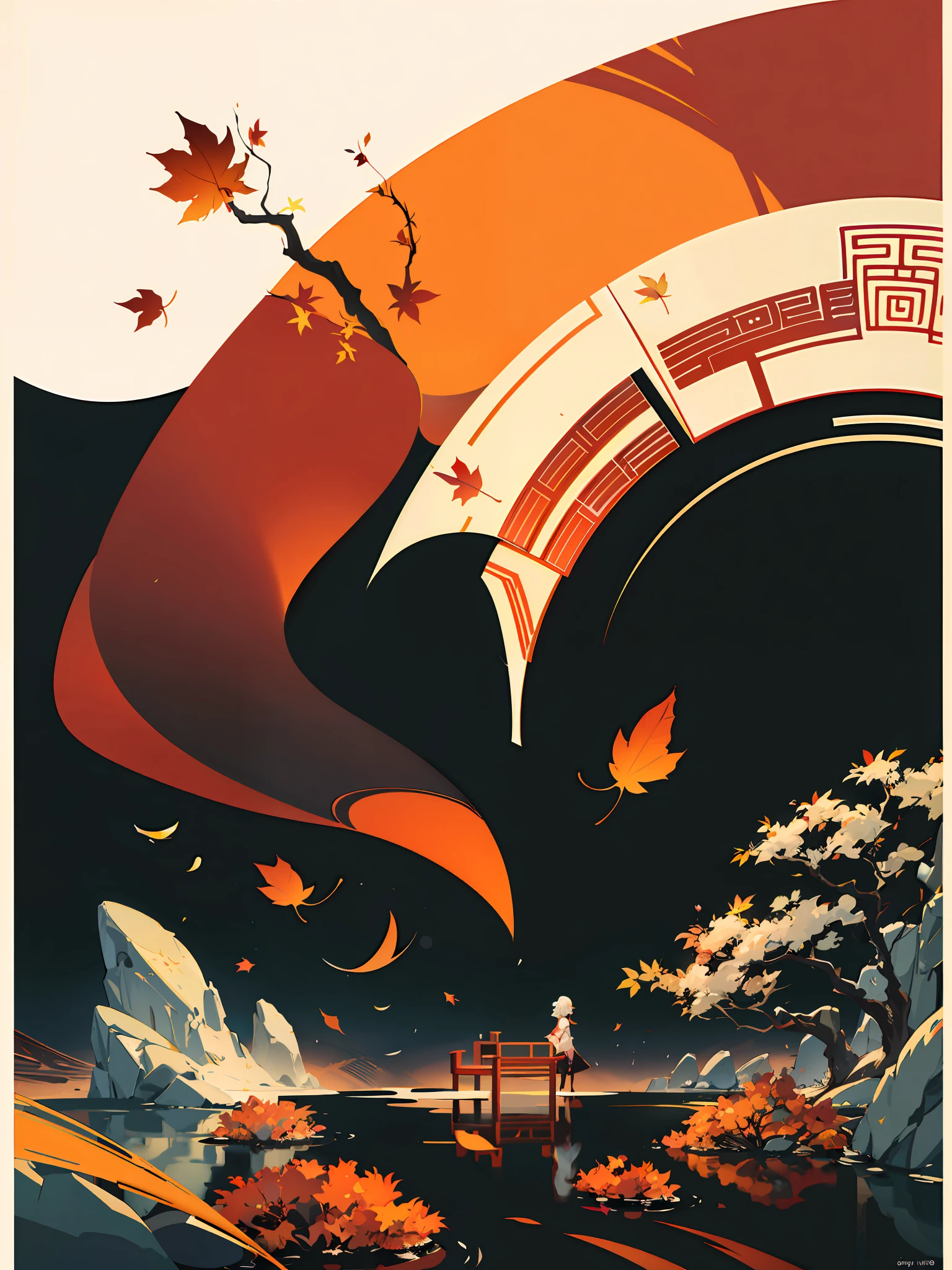 (Chinese landscape), (Zen, Amy Sol style), (autumn, autumn leaves, fallen leaves, sunset, architecture), cover art with light abstraction, abstract, simple vector art, white background, contemporary Chinese art, color gradients, soft color palettes, layered forms, whimsical animation, style Ethereal abstract, 4K, --v6
