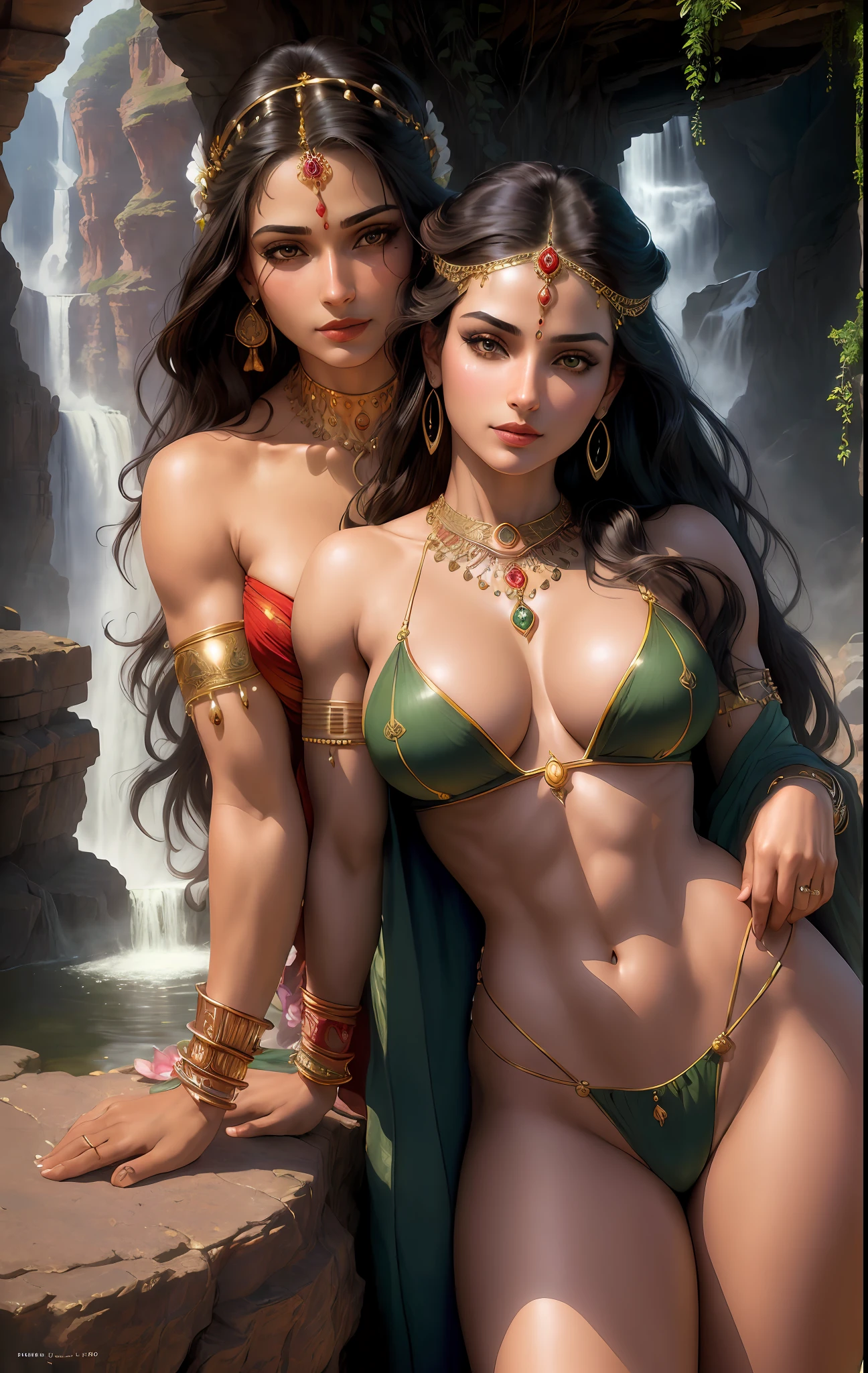 ((realistic:1.5)),((best quality)), ((masterpiece)),((detailed)), (1girl), {a beautiful female wearing a Sari}, (upper body:1.3),super-wide-angle lens,face focus, mature,sexy,toned muscles,long legs,curvy, barefoot, medium breasts, open cleavage, drooping breasts, thick thighs,wide hips, thin legs, green eyes,long black hair,floting hair,long eyelashes, (detailed face,beautiful eye, detailed pupilss,detailed clothes features, clear background:1.3), (Bindi,Jhumkas:1.3), (Armlet, Haar, Payal,Maang Tikka,Jhumkas,Kamarband,Bangles:1.3), mysterious ancient ruin, lush forests, deep canyons,bridge,river,cliff,cloud, lakes,rock,waterfalls, flowers, grass, fog,vine,tree, smoke, best shadow,bright details,sharp,perfect composistion, Intricate, Sharp focus, dramatic, by Frank Frazetta,by Julie Bell,by Olivia De Berardinis,by Luis Royo,by boris vallejo, (specular lighting:1.3),rim light, princesses, royal skimpy underwear, hugging and touching each other, teasing her friend's belly, teasing her friend's buttocks, blushing friend, biting her friend's ear lobe, hugging from behind, touching her friend's crotch from below