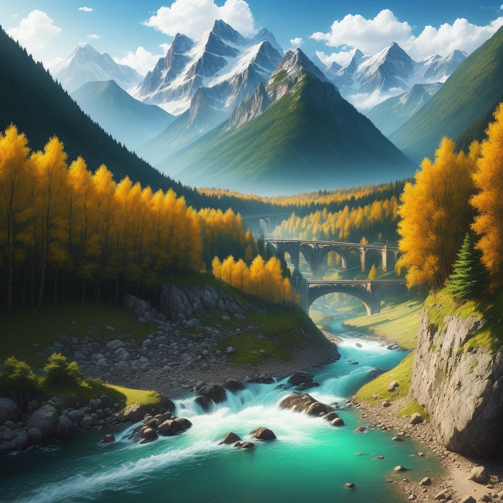 detailed background, masterpiece, best quality, scenery, mountains, river, forest, sun, day, clouds