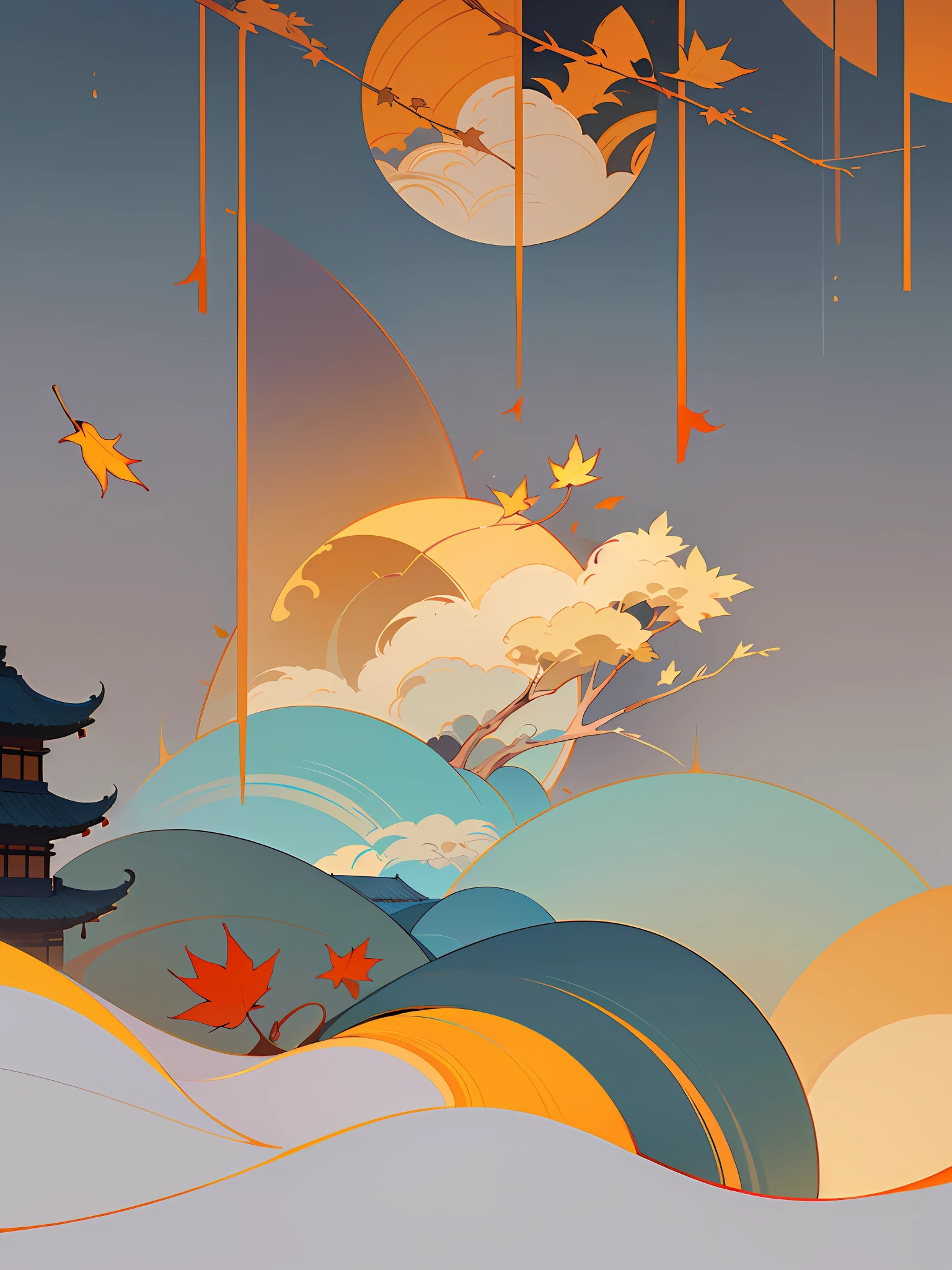 (Chinese landscape), (Zen, Amy Sol style), (Autumn, autumn leaves, fallen leaves, sunset, architecture), cover art with light abstraction, abstract, simple vector art, contemporary Chinese art, color gradients, soft color palettes, layered forms, whimsical animation, style Ethereal abstract, 4K, --v6