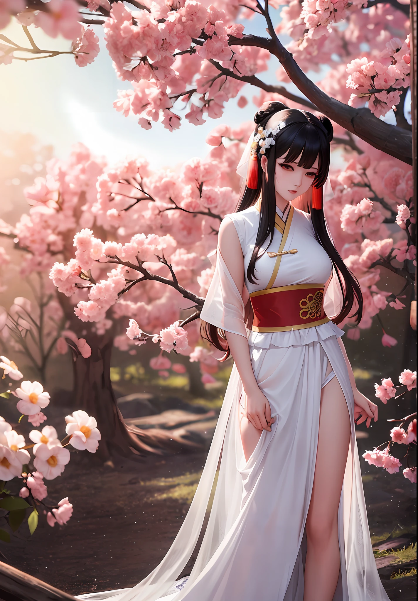 (Yang Yuhuan: ancient Chinese beauty), Chinese style romance, long white hair, red hair ribbon swearing, white dress, huge peach blossom bushes, sitting in the bushes, the breeze blowing through the clothes, playing the guqin, eyes drooping, blowing Clothes and hair, clear, mild sunlight, epic composition, high quality, highest quality, 8K --v 6