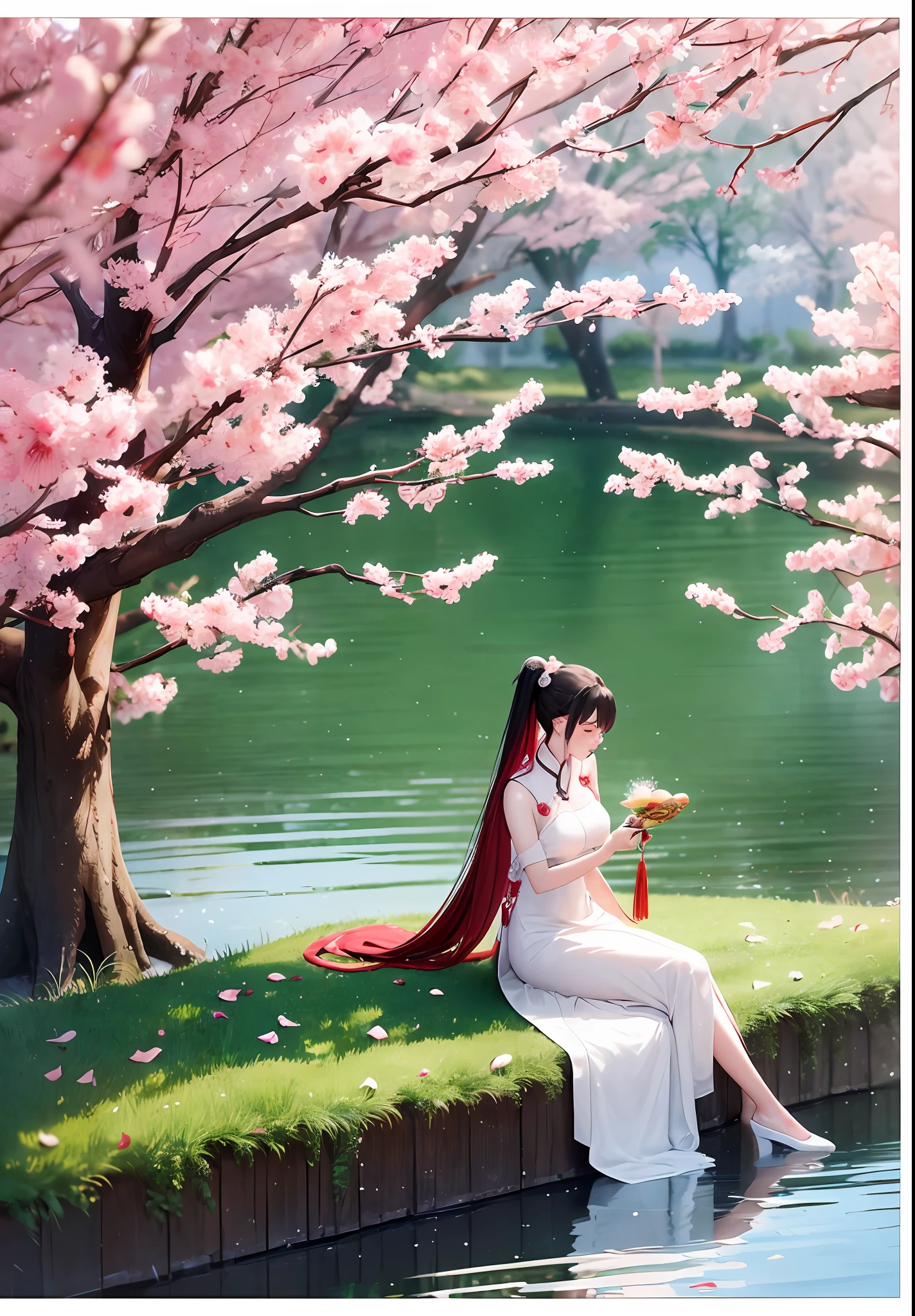 (Yang Yuhuan: ancient Chinese beauty), Chinese style romance, long white hair, red hair ribbon swearing, white dress, huge peach blossom bushes, sitting in the bushes, the breeze blowing through the clothes, playing the guqin, eyes drooping, blowing Clothes and hair, clear, mild sunlight, epic composition, high quality, highest quality, 8K --v 6