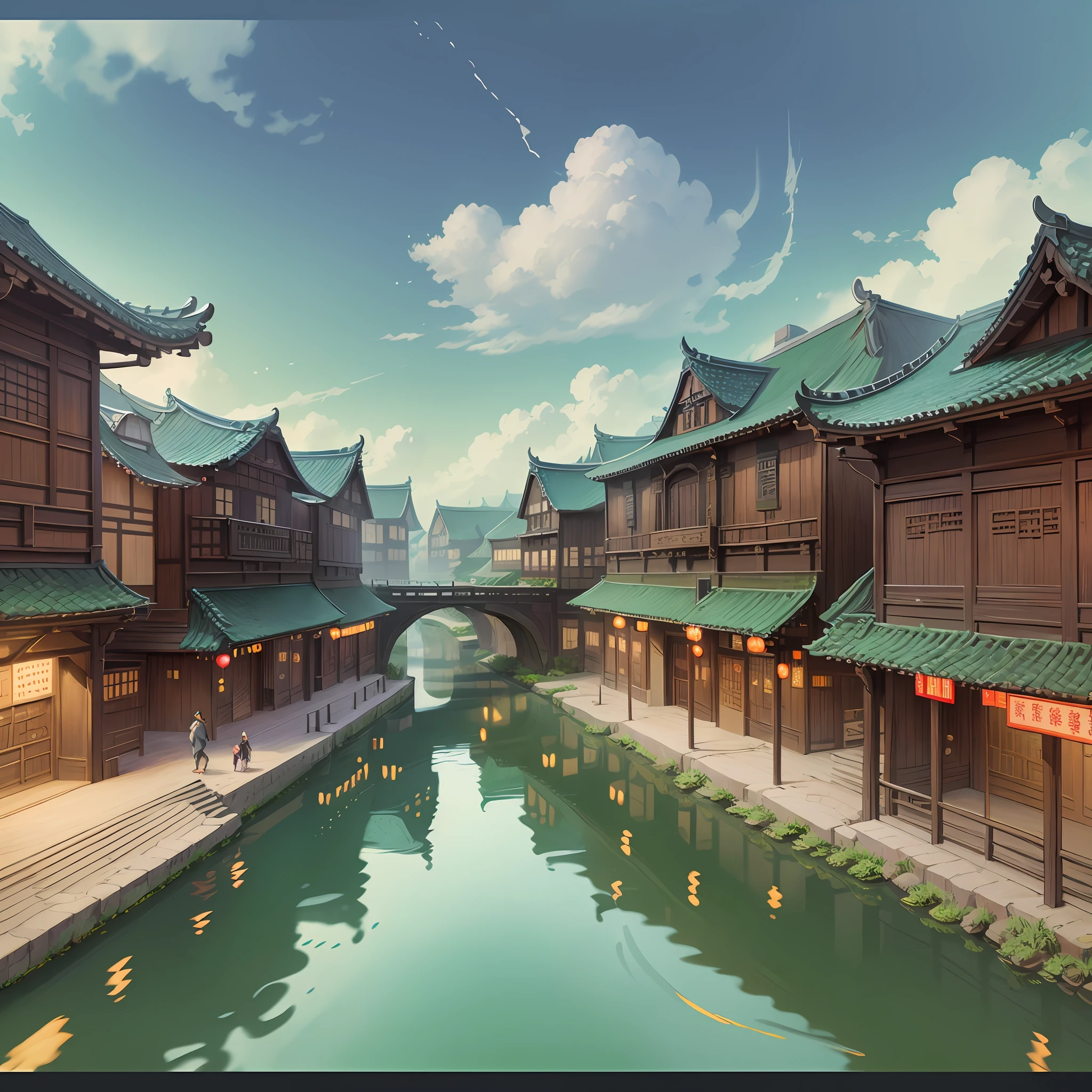 Describe the bustling scene in the market in the Tang Dynasty, from a distant perspective, there is a small river on the axis of the drawing, and the boats in the small river are like shuttles, (an arch bridge spans both sides of the small river, and the gifted scholars and beautiful women on the arch bridge are in pairs), and pedestrians on both sides of the river Continuous stream, ink painting style, quaint Chinese architecture, super detailed, epic communication, huge paintings, highest quality, oversaturated, 32 --v 6
