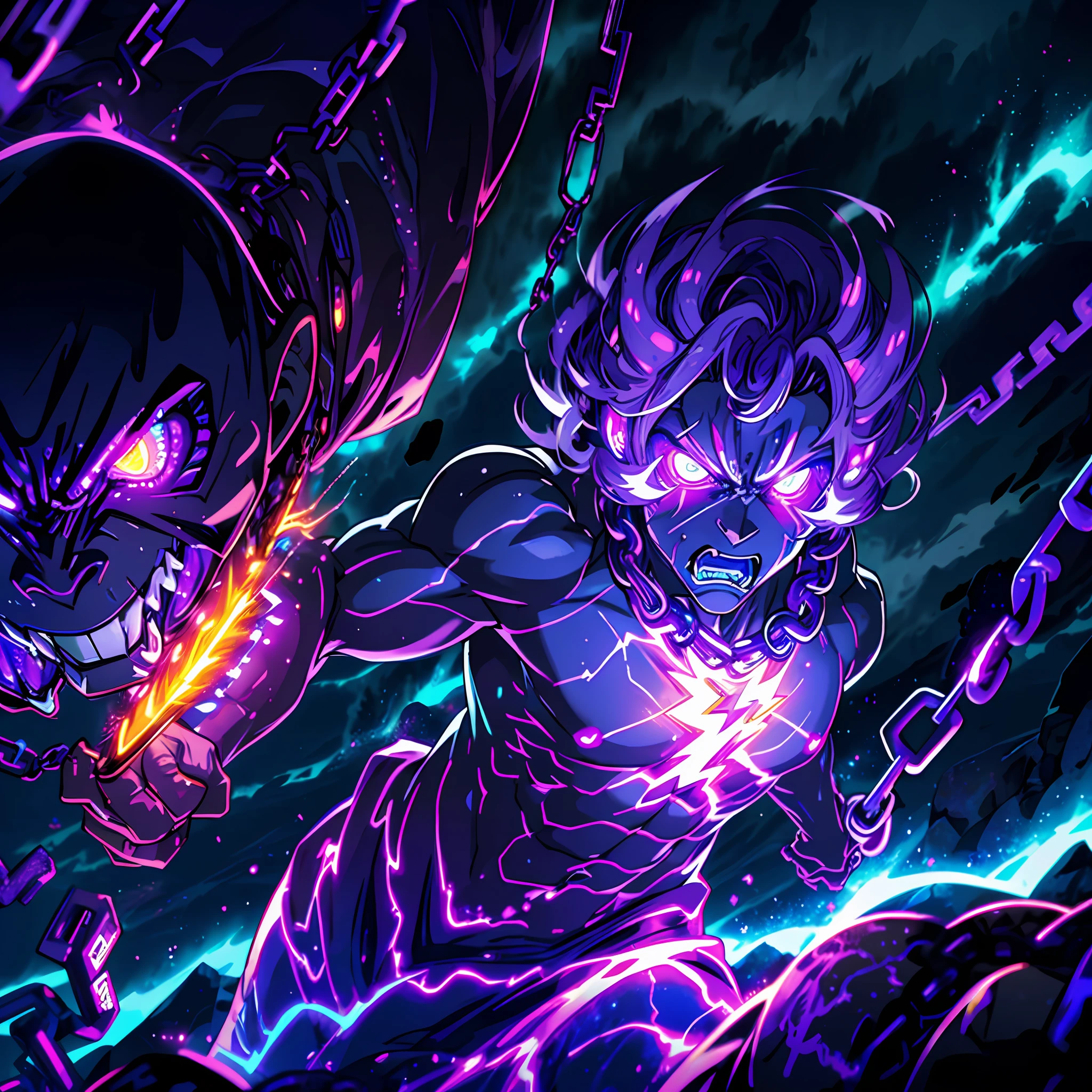 glowing slimeman, purple , muscles, glowing eyes, anger, chains, night, background, lava, lightning, clouds,