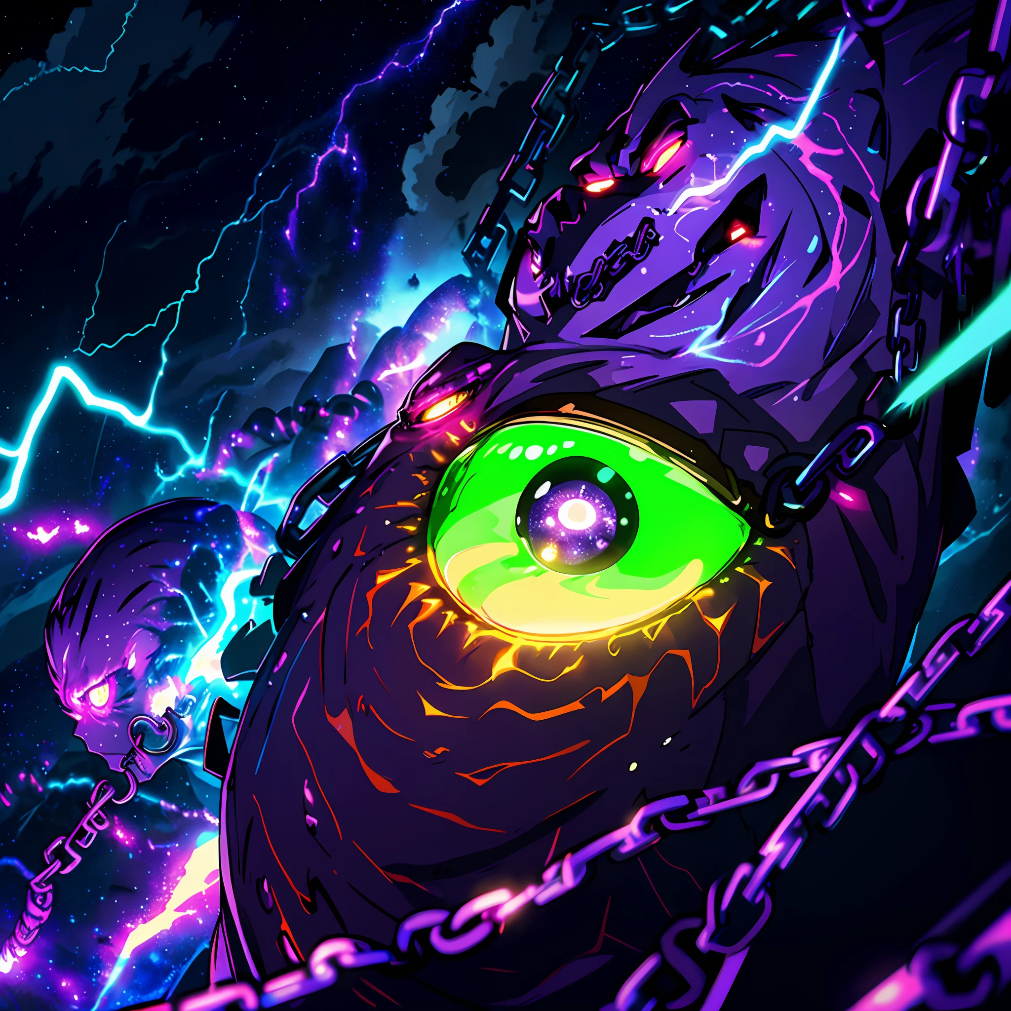 glowing slimeman, purple , muscles, glowing eyes, anger, chains, night, background, lava, lightning, clouds,