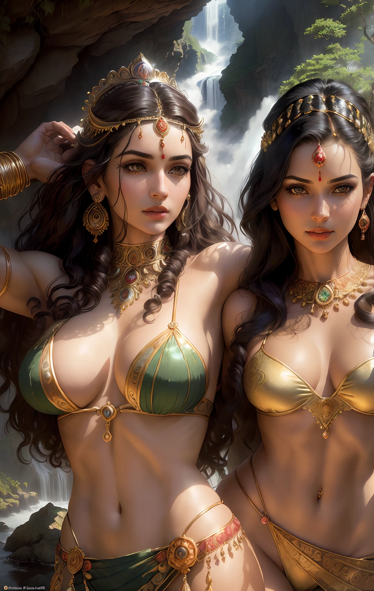((realistic:1.5)),((best quality)), ((masterpiece)),((detailed)), (1girl), {a beautiful female wearing a Sari}, (upper body:1.3),super-wide-angle lens,face focus, mature,,toned muscles,long legs,curvy, barefoot, medium breasts, open cleavage, drooping breasts, thick thighs,wide hips, thin legs, green eyes,long black hair,floting hair,long eyelashes, (detailed face,beautiful eye, detailed pupilss,detailed clothes features, clear background:1.3), (Bindi,Jhumkas:1.3), (Armlet, Haar, Payal,Maang Tikka,Jhumkas,Kamarband,Bangles:1.3), mysterious ancient ruin, lush forests, deep canyons,bridge,river,cliff,cloud, lakes,rock,waterfalls, flowers, grass, fog,vine,tree, smoke, best shadow,bright details,sharp,perfect composistion, Intricate, Sharp focus, dramatic, by Frank Frazetta,by Julie Bell,by Olivia De Berardinis,by Luis Royo,by boris vallejo, (specular lighting:1.3),rim light, princesses, royal skimpy underwear, hugging and touching each other, teasing her friend's belly, teasing her friend's buttocks, blushing friend, biting her friend's ear lobe, hugging from behind, touching her friend's crotch from below