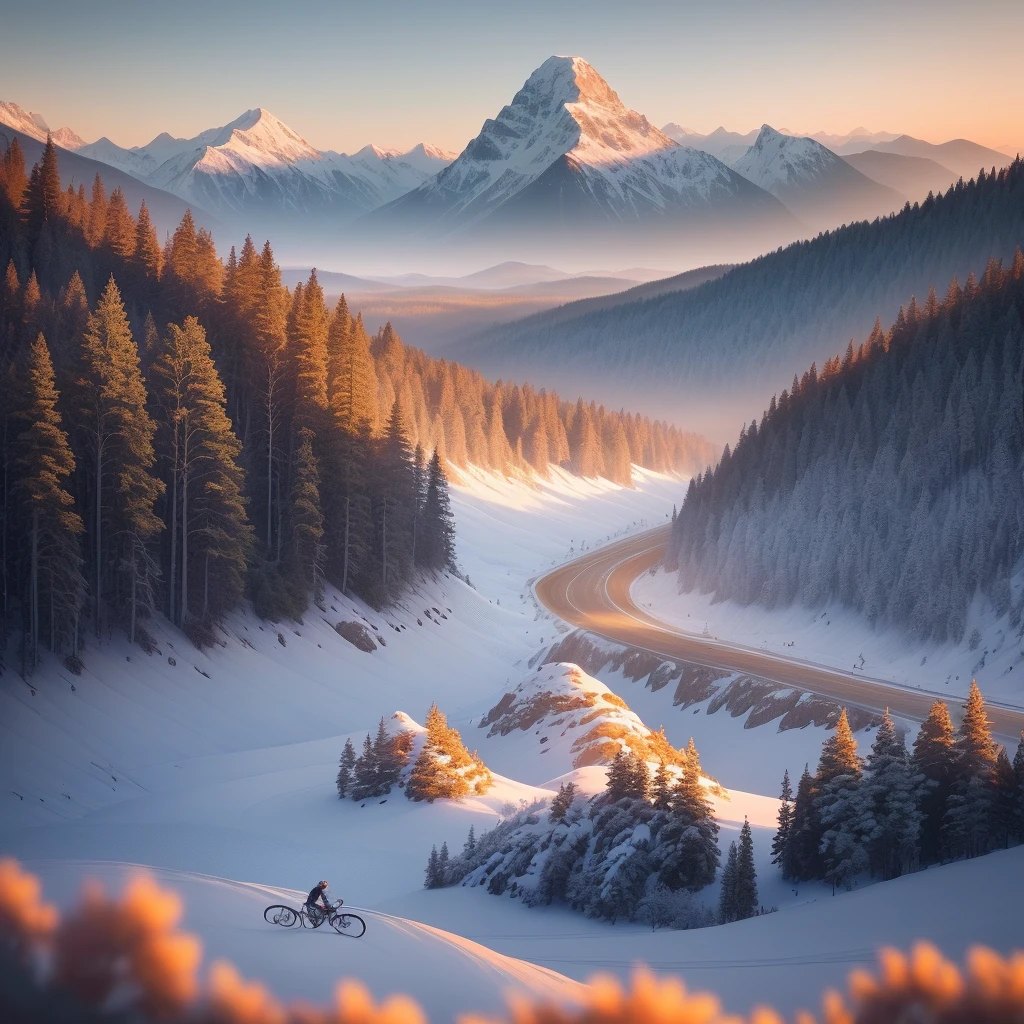The image reveals a dazzling landscape, bathed by the rising sun, which radiates an atmosphere of serenity and tranquility. In the background, majestic mountains rise imposingly, creating a spectacular setting. The sharpness and clarity of the Sony A7 IV camera's special lens capture every detail of the landscape in exceptional quality. In the foreground, a cyclist wearing a sporty outfit draws attention. He pedals with vigor and determination along a winding road that stretches across the landscape. The rider's legs move in a steady rhythm, demonstrating his passion for cycling and his commitment to making the most of the beautiful day. The sunlight, which shines brightly, harmoniously illuminates the scene, creating a play of shadows that enhances the contours of the surrounding mountains, trees and vegetation. Every detail is accurately revealed, highlighting the richness of textures and colors present in nature. The sky is presented in a palette of soft tones, ranging from orange, pink and blue. These delicate colors reflect the peace and serenity of the moment, as sunlight pierces through the clouds and paints the sky in an ever-changing spectacle of color. When looking at this image, we are immersed in a sense of invigorating energy, adventure and connection with nature. It invites us to enjoy the beauty of the outdoor world, inspiring a deep appreciation for the harmony between human beings and the natural environment. In this image captured by the Sony A7 IV professional camera, the special crystal clear lens ensures that every detail and aspect of the landscape is faithfully portrayed, allowing us to enjoy the complete visual experience of this wonderful moment.